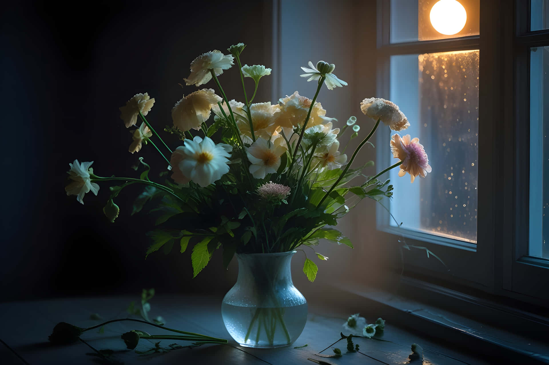 A beautiful bouquet of flowers 壁紙 — 一束精緻的白色和淡黃色花朵的花瓶，沐浴在雨窗透進的柔和金色光線中。
