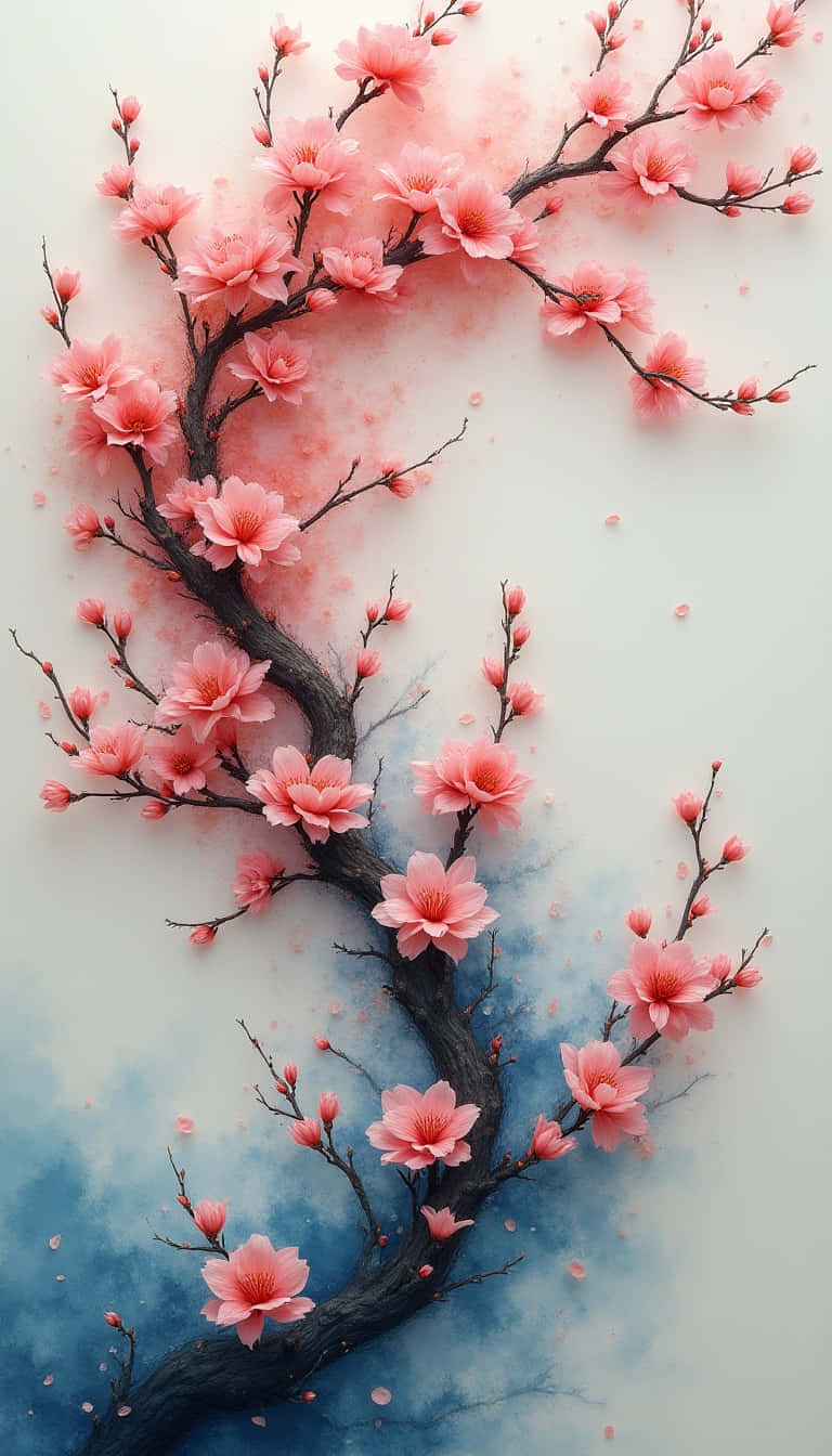 Flower 壁紙 — 一束精緻的粉紅櫻花在藍白漸層的柔和背景中綻放。