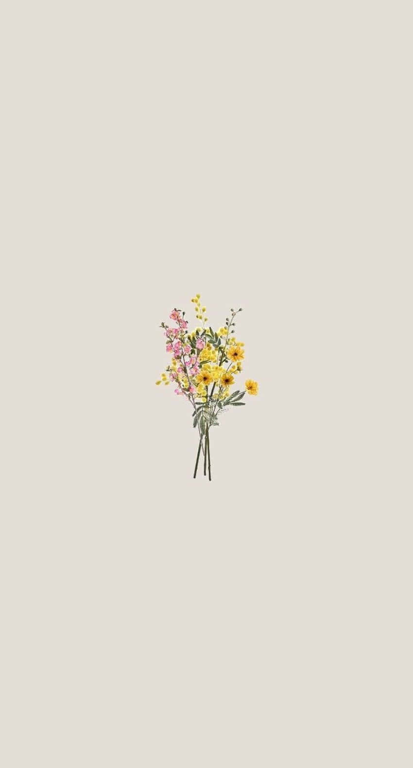 Simple Flower 桌布 壁紙 — 一束精緻的粉紅色和黃色野花，帶有綠色莖，置於柔軟的米色背景中央。