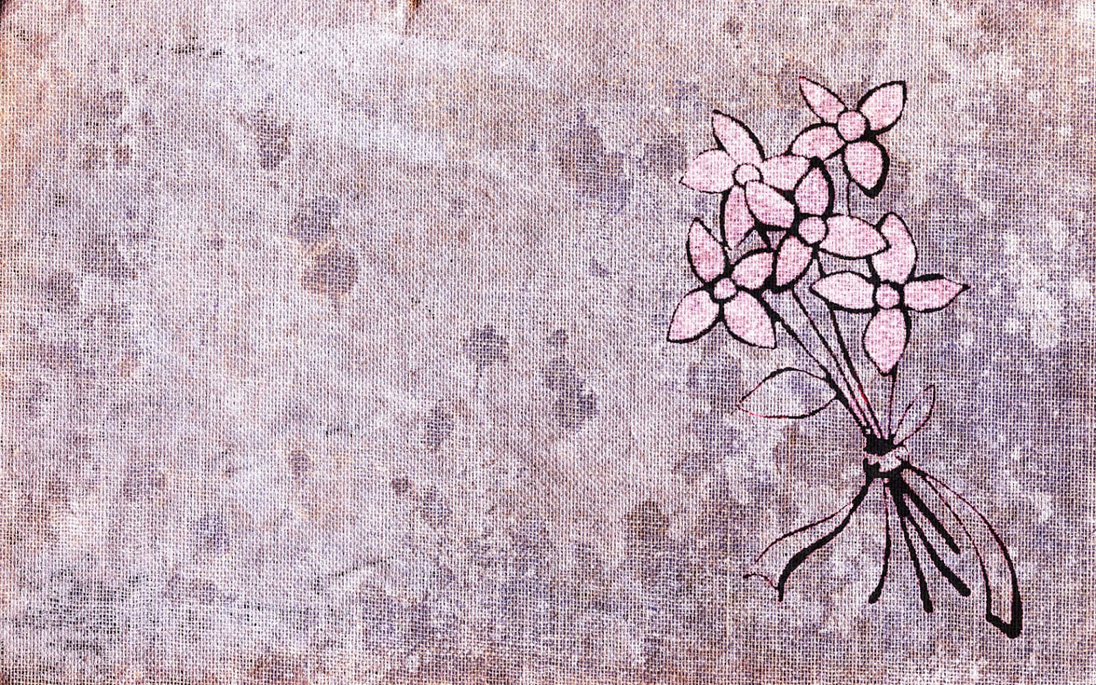 Tumblr Flower 桌布 壁紙 — 一束精緻的粉紅色花朵，帶有黑色輪廓，放置在風化紋理布料背景上。