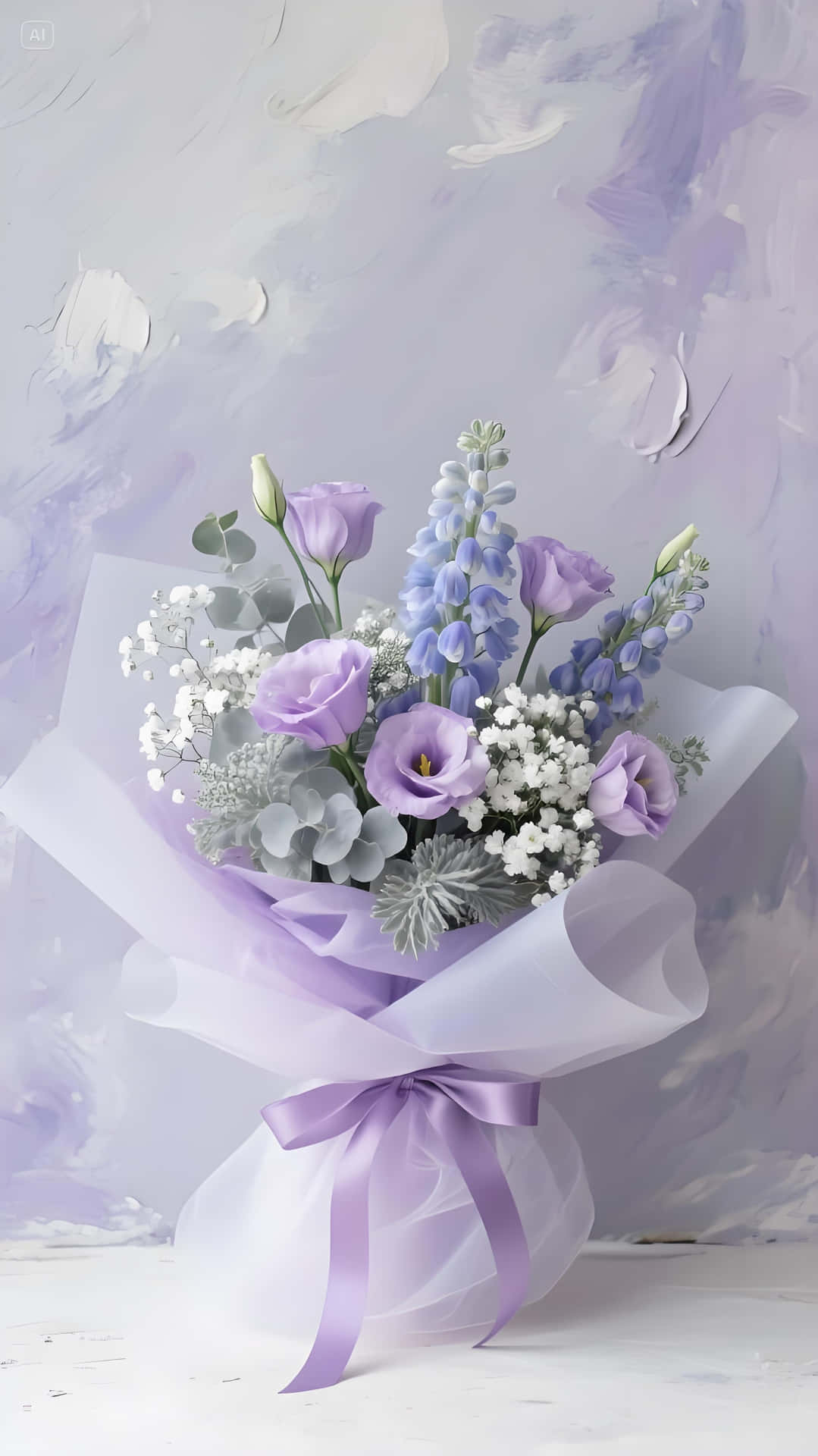 Purple - Toned Bouquet: Fresh & Romantic Wallpaper 壁紙 — 一束精緻的紫玫瑰和藍色羽扇豆，用薄薄的薰衣草紙和緞帶蝴蝶結包裹，襯著柔和的粉紫色紋理牆壁。