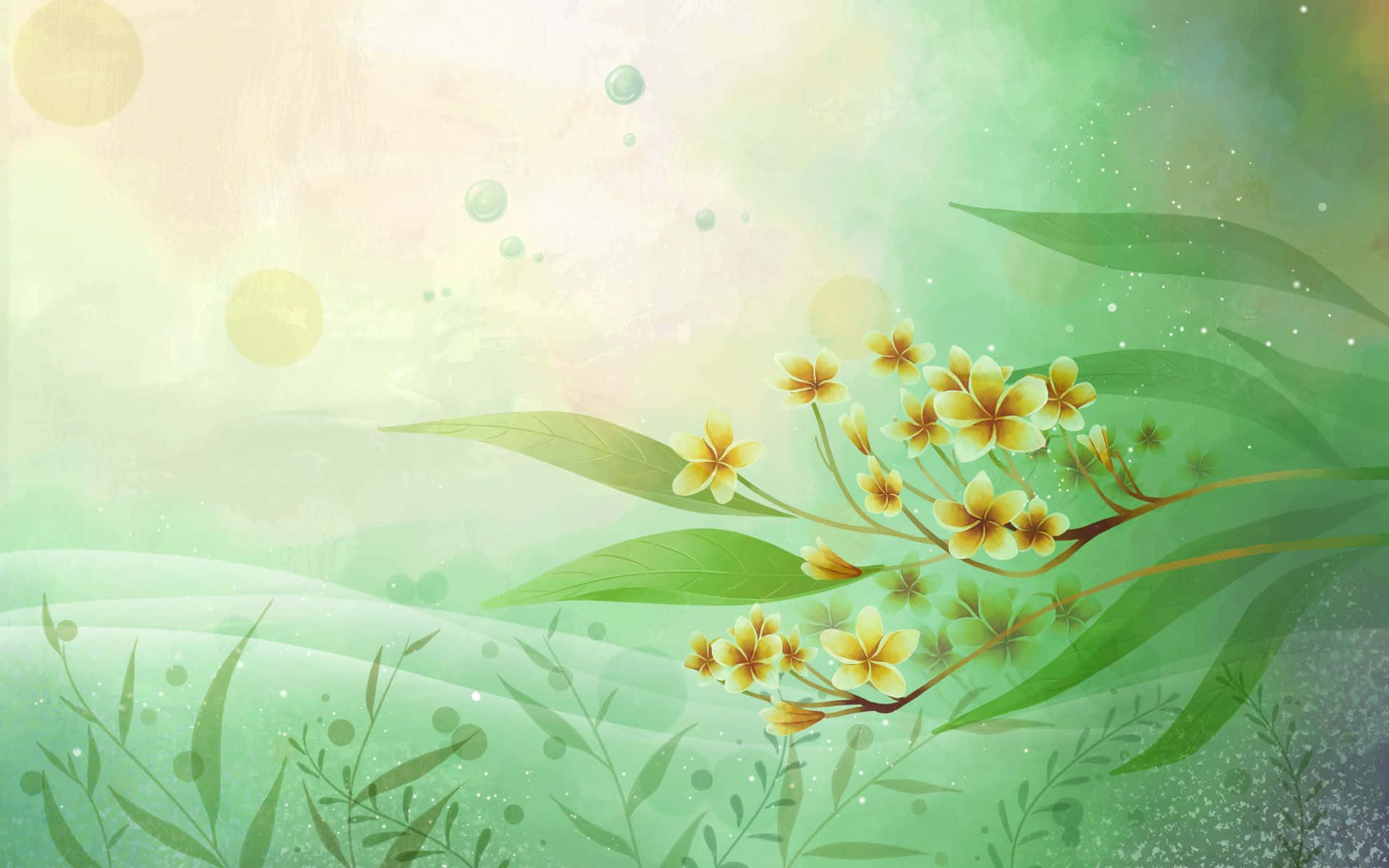 Flower Art 桌布 壁紙 — 一束精緻的黃色花朵和綠色葉子，在帶有浮動球體和閃爍粒子的柔和漸變背景上優雅地飄浮。