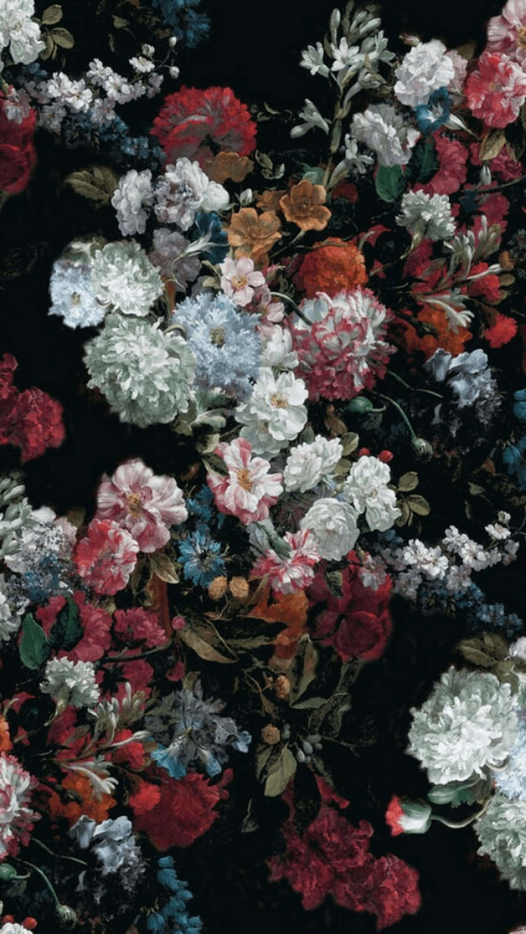 Vintage Aesthetic Plant 桌布 壁紙 — 一束紅、粉紅、白、藍色的奢華花束，在純黑背景上密集綻放。