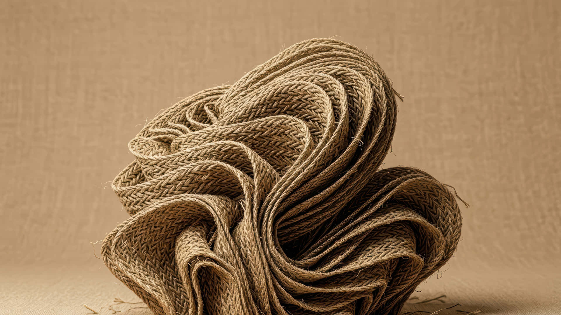Handcraft Bloom modded wallpaper for desktop Enhancement, 壁紙 — 一束緊密纏繞的天然纖維繩索，放置在帶有紋理的米色表面上，光線柔和。