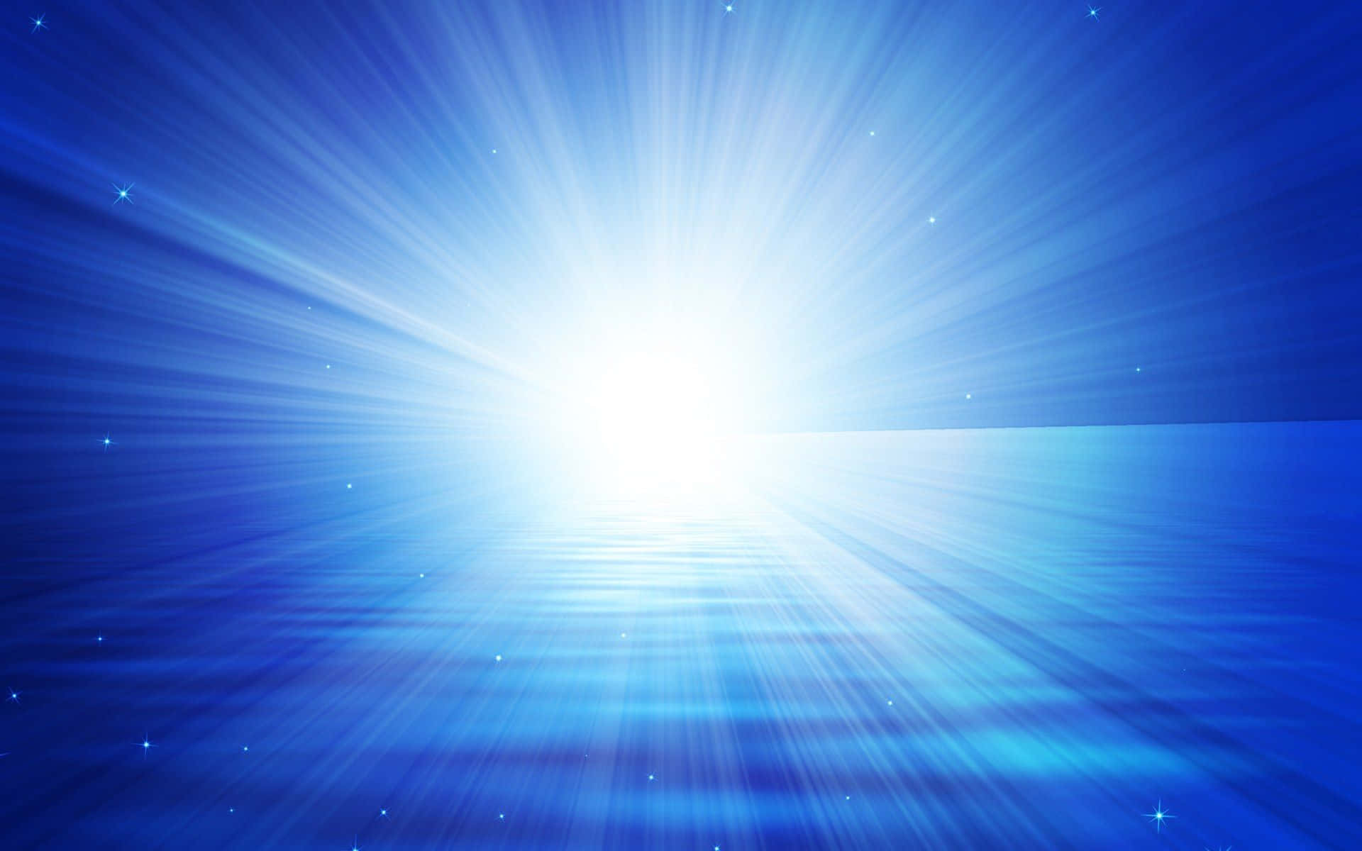 Light Effect 桌布 壁紙 — 一束耀眼的藍光從發光的中心爆發，照射在帶有閃爍星星的反射表面上。