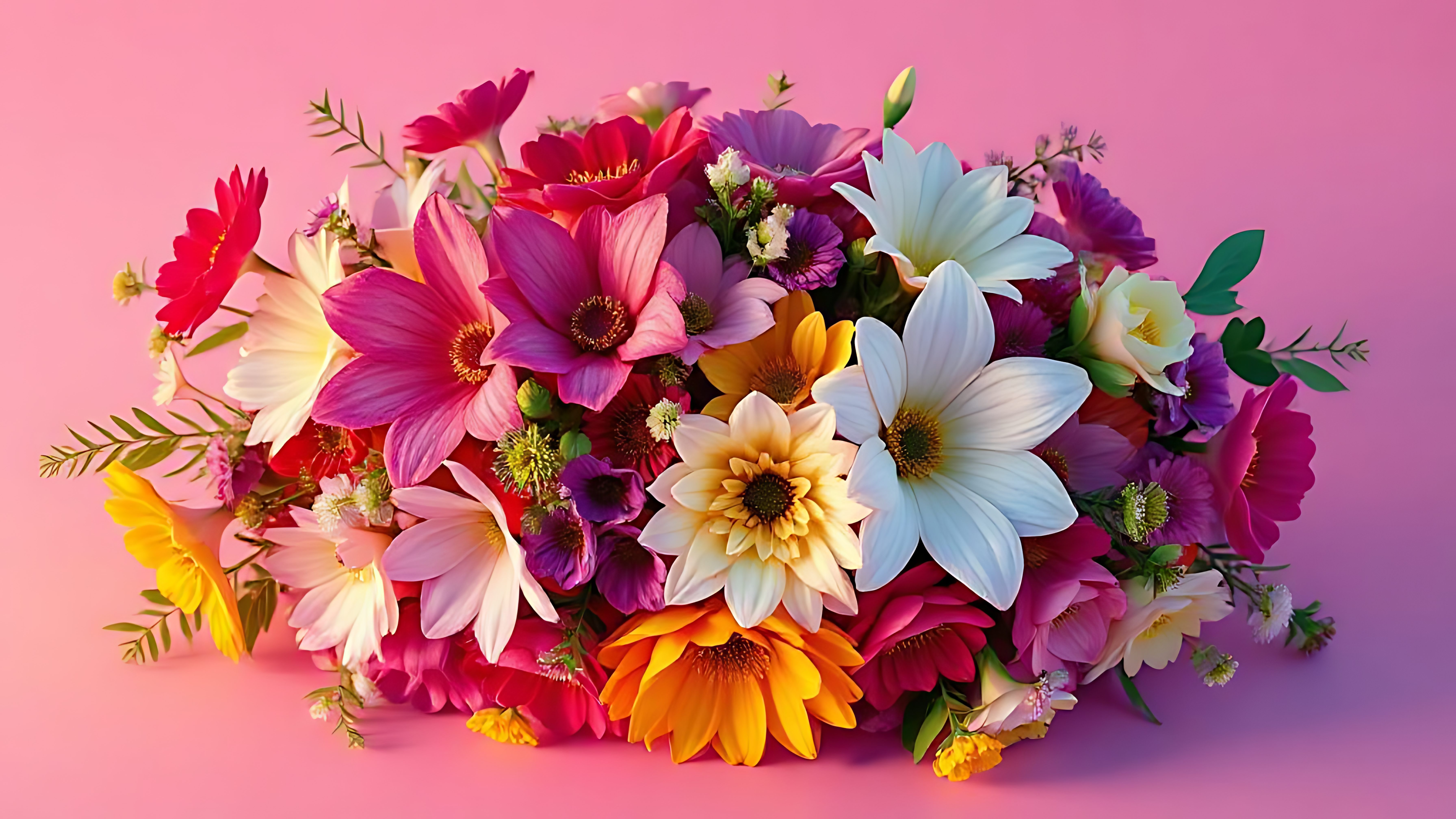 Daisies 桌布 壁紙 — 一束色彩繽紛的鮮花，包括粉紅色、白色、黃色和紫色的花朵，排列在柔和的粉紅色漸變背景上。