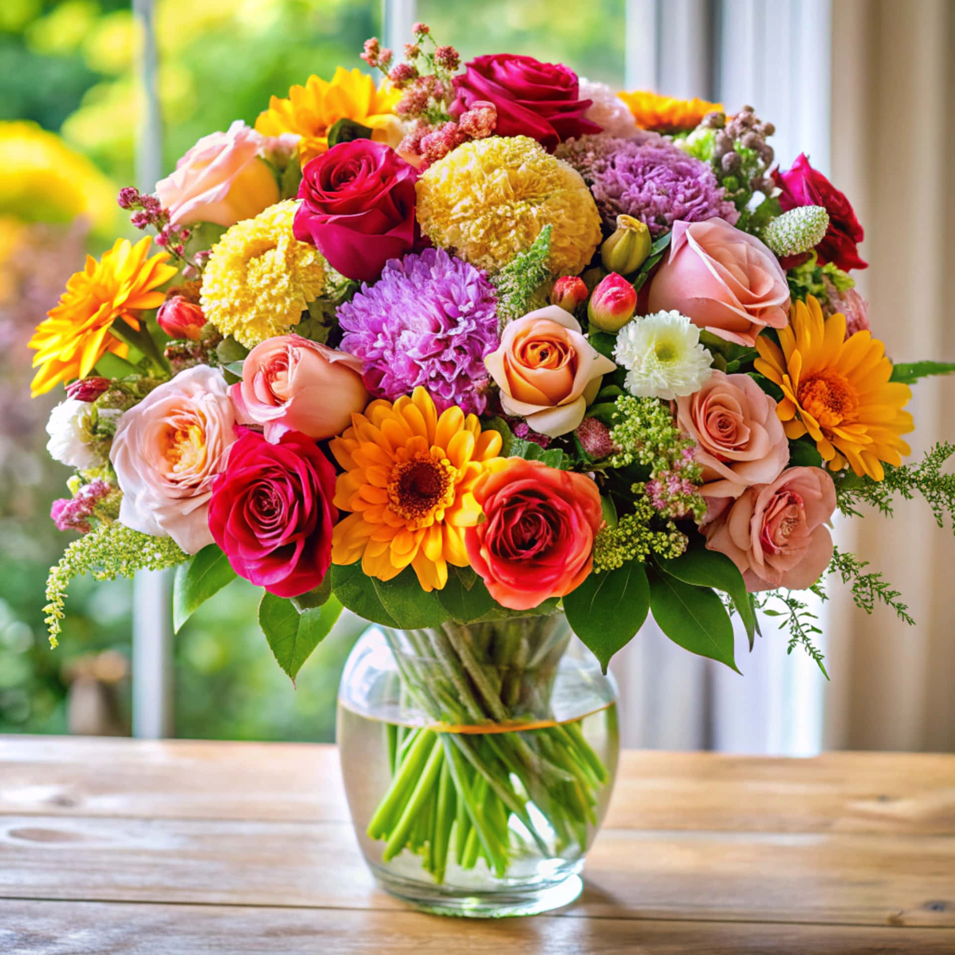 Beautiful flower arrangement 壁紙 — 一束色彩鮮豔的玫瑰、非洲菊雛菊和康乃馨放在玻璃花瓶裡，置於明亮窗戶附近的木桌上。
