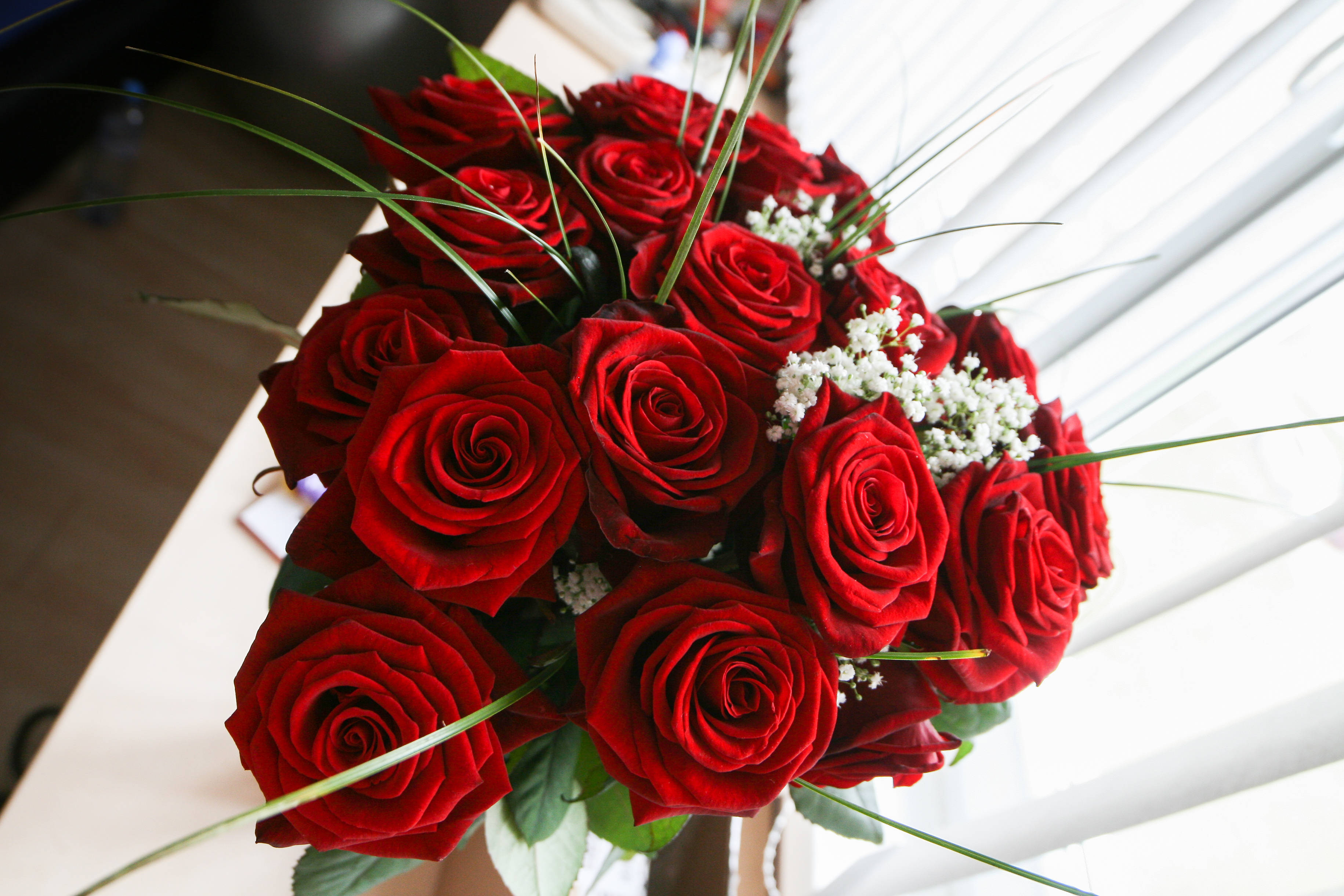 rose aesthetic phone 桌布 壁紙 — 一束茂盛的深紅玫瑰，點綴著白色滿天星和綠草，放在灑滿柔和日光的窗台上。