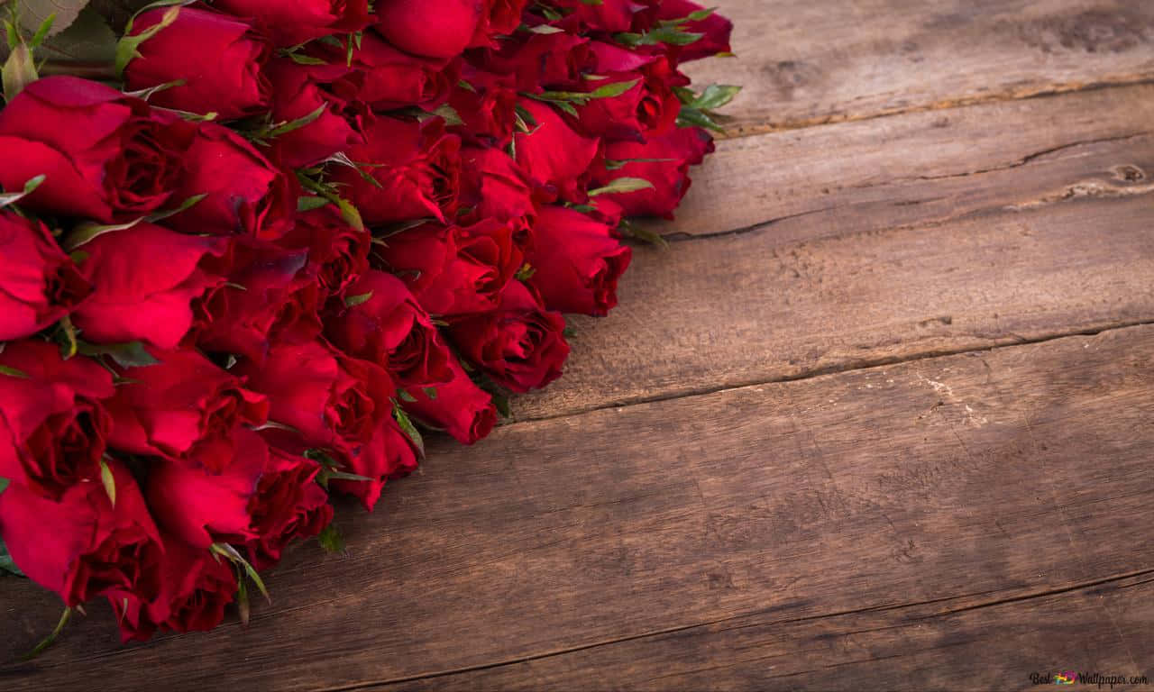 1280x768 Rose 桌布 壁紙 — 一束茂盛的深紅玫瑰放在一塊紋理豐富的風化木質表面上。