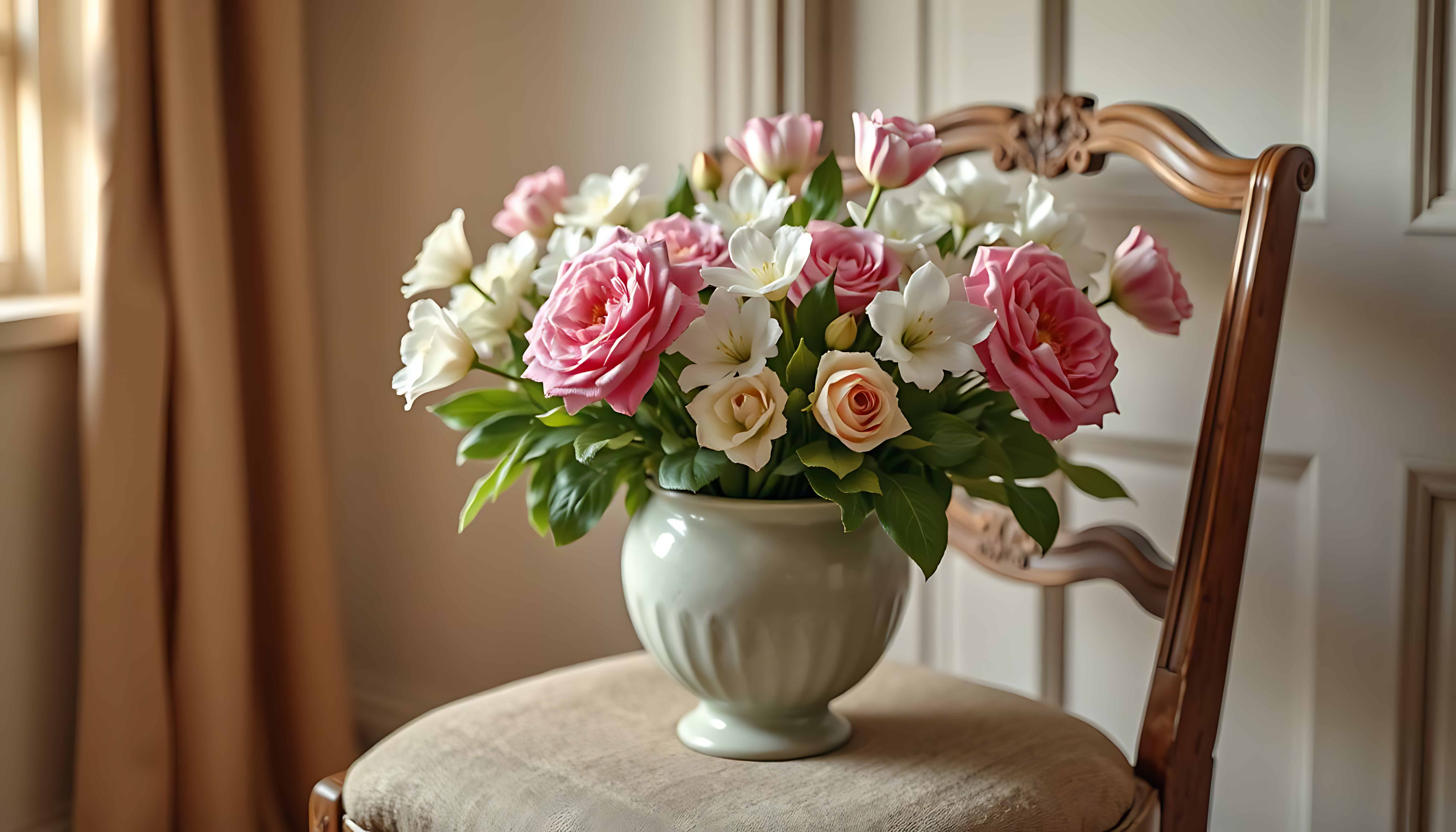 Vase 桌布 壁紙 — 一束茂盛的粉紅和白色玫瑰與百合花，放在淡綠色花瓶裡，置於一張有米色坐墊的木椅上。