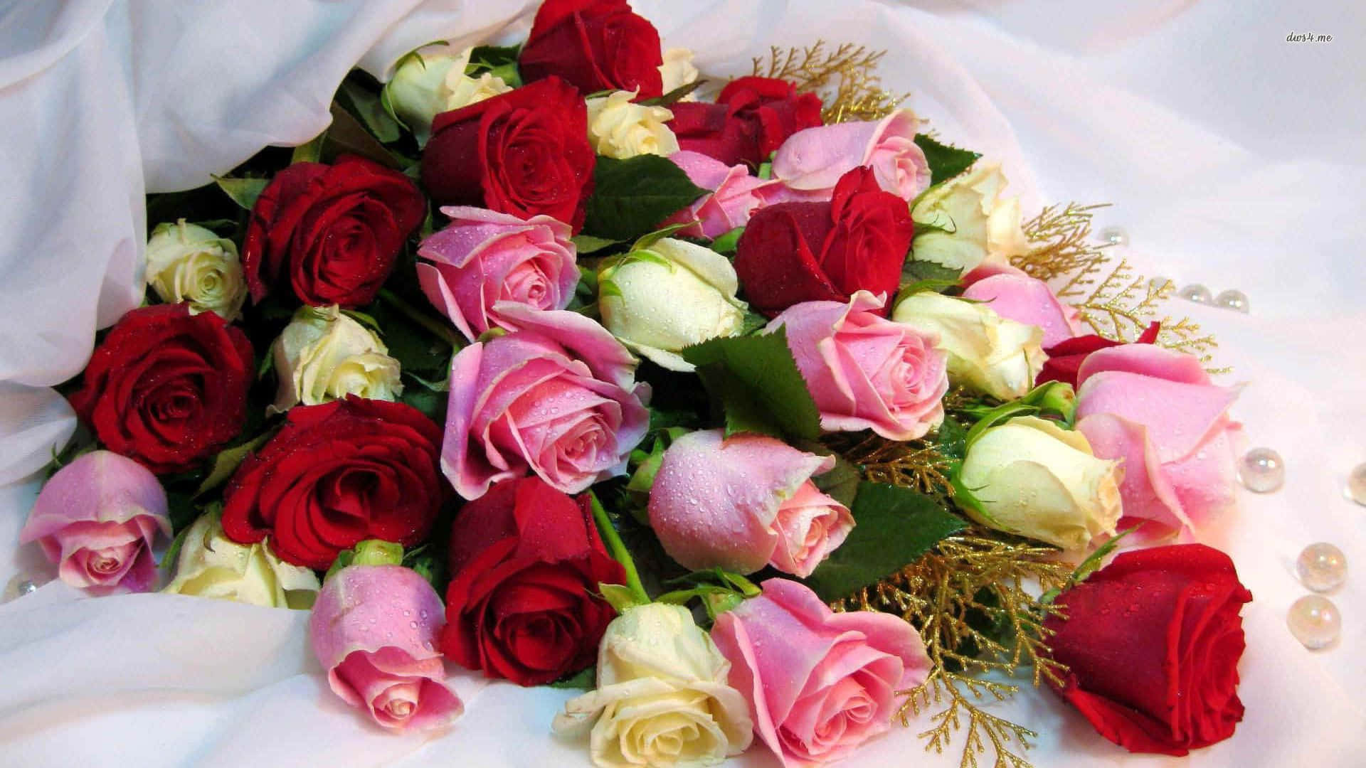Bouquet 桌布 壁紙 — 一束茂盛的紅、粉紅和奶油色玫瑰，帶有露珠，放在白色布料上，旁邊有金色葉子和珍珠。