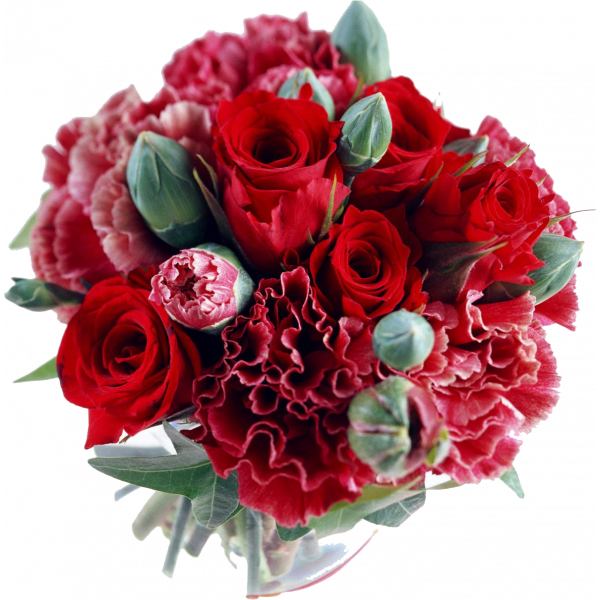 Bouquet Of Flowers 桌布 壁紙 — 一束茂盛的紅玫瑰和深粉紅色康乃馨，搭配綠色花蕾和葉子，襯托在純黑背景上。