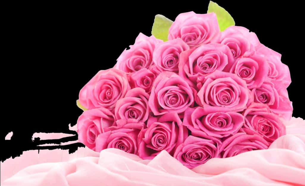 Pink Roses 桌布 壁紙 — 一束茂盛的鮮粉紅色玫瑰放在柔軟的粉紅色布料上，背景是純黑色。