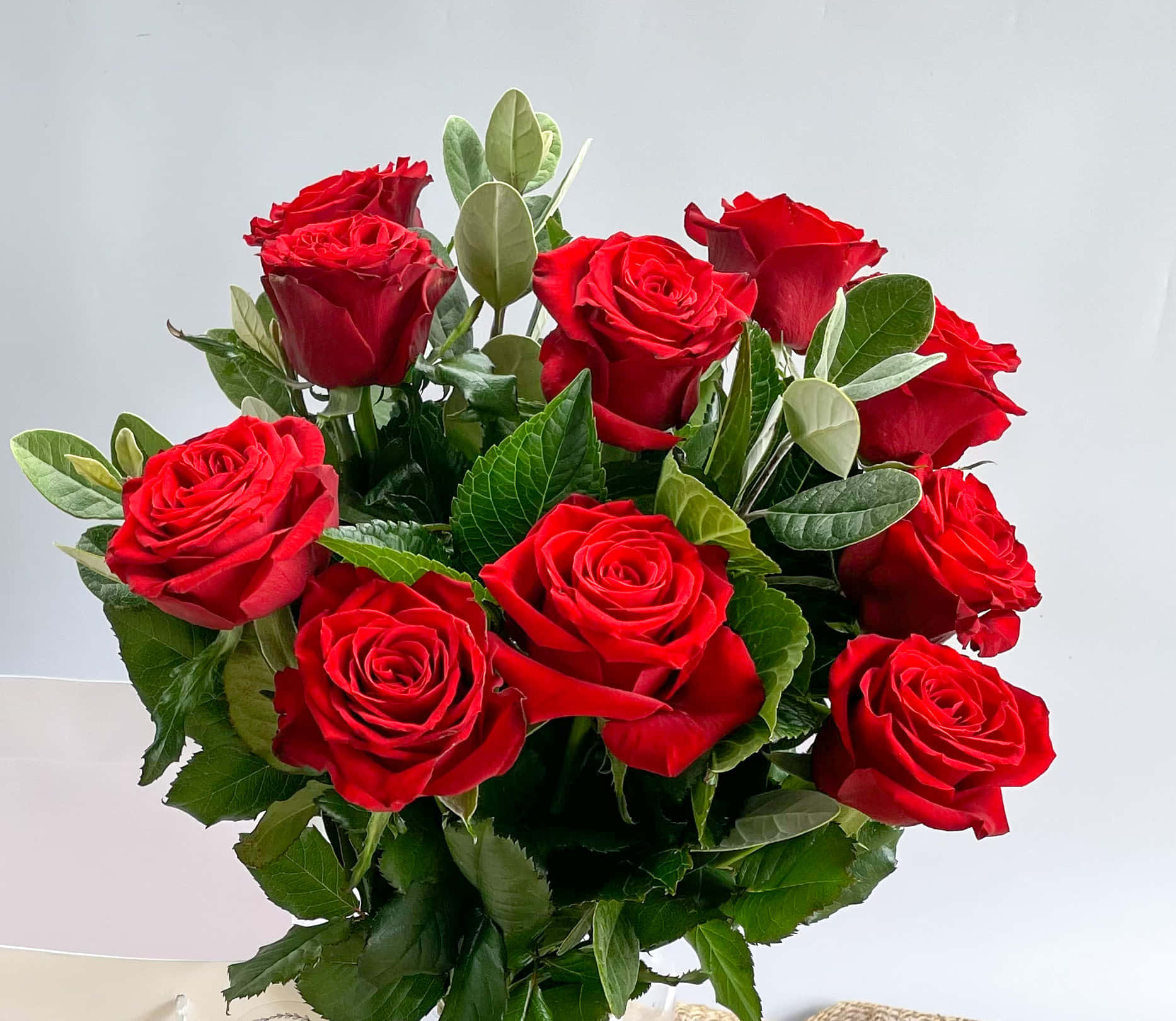 Bouquet 桌布 壁紙 — 一束茂盛的鮮紅玫瑰，搭配深綠色葉子，襯以潔白背景。