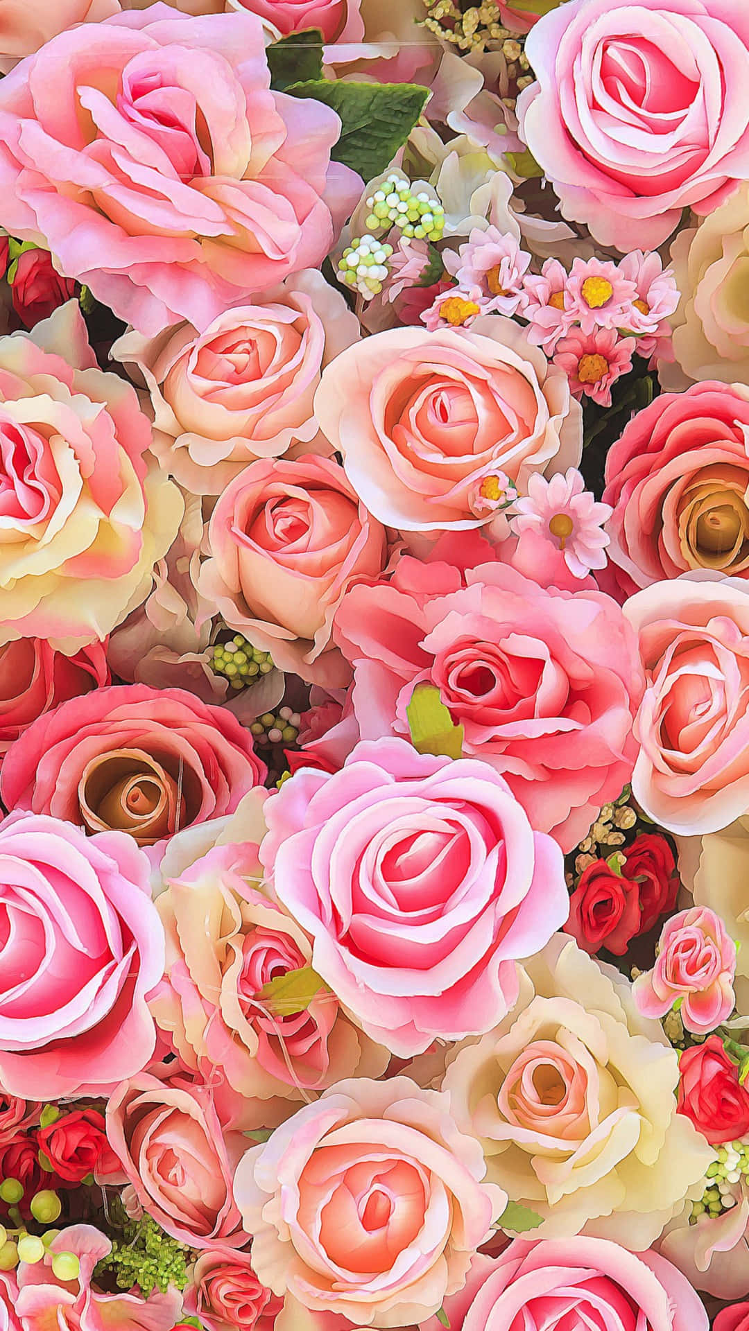 Bouquet 桌布 壁紙 — 一束豐盛的粉紅蜜桃和奶油玫瑰，搭配細小的黃色花朵和綠葉，在柔和自然光下。