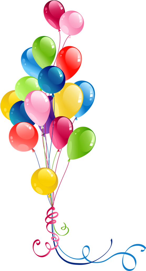 Happy Birthday Balloons 桌布 壁紙 — 一束鮮豔光澤的多色氣球，用旋轉絲帶繫著，襯托在純黑背景上。