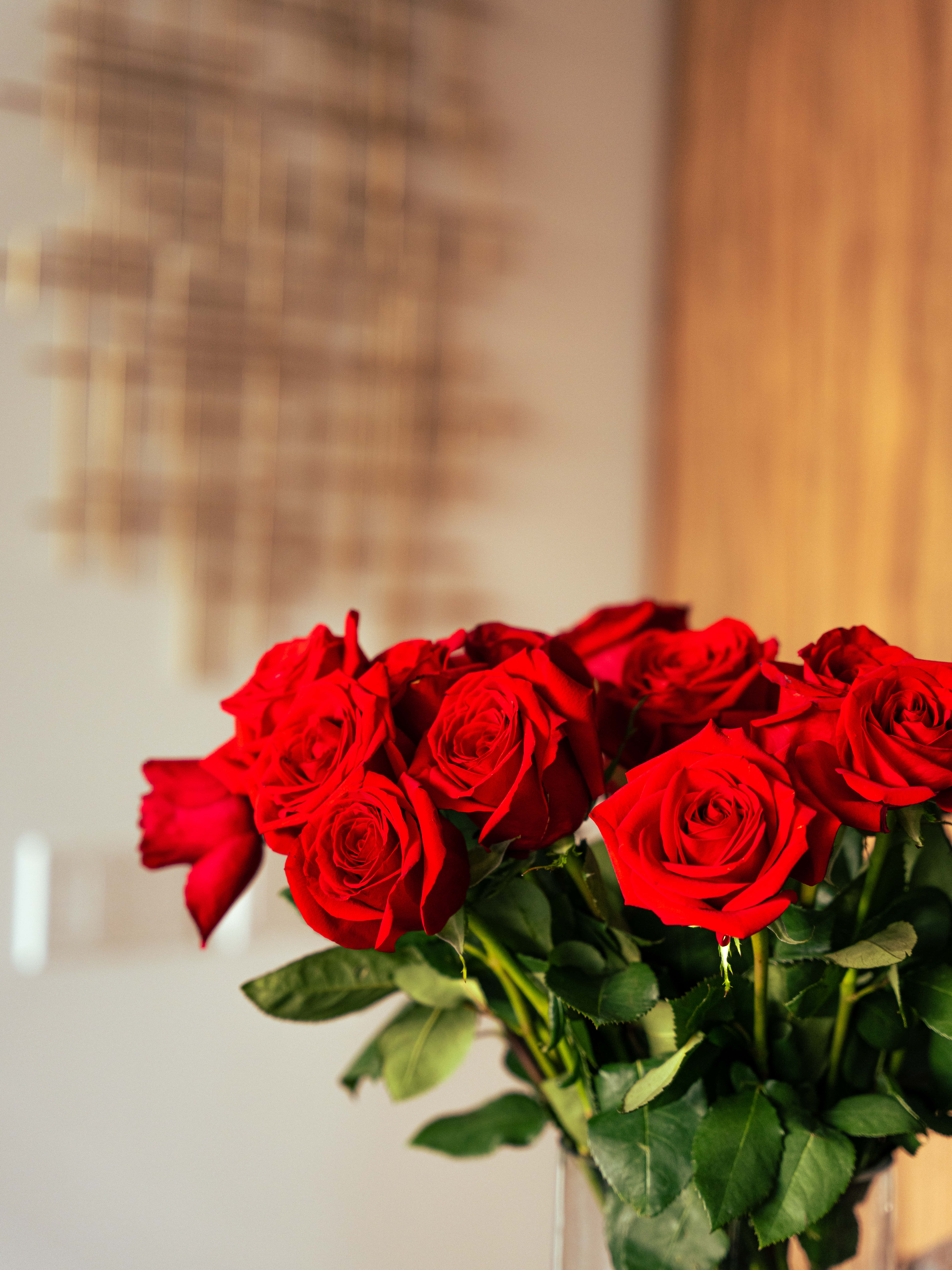 Bouquet 桌布 壁紙 — 一束鮮豔的深紅玫瑰，搭配茂盛的綠葉，插在透明花瓶中，背景是柔和模糊的暖色木調室內牆壁。