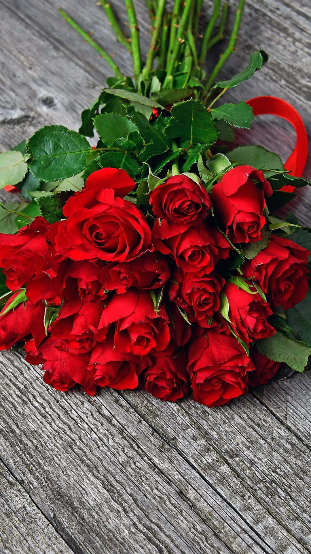 Bouquet 桌布 壁紙 — 一束鮮豔的深紅玫瑰搭配茂盛的綠葉，放置在經風化的灰色木質表面上。