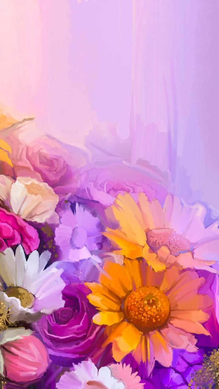 桌布 壁紙 — 一束鮮豔的玫瑰、雛菊和康乃馨，以柔和的粉彩繪製在薰衣草漸變背景上。