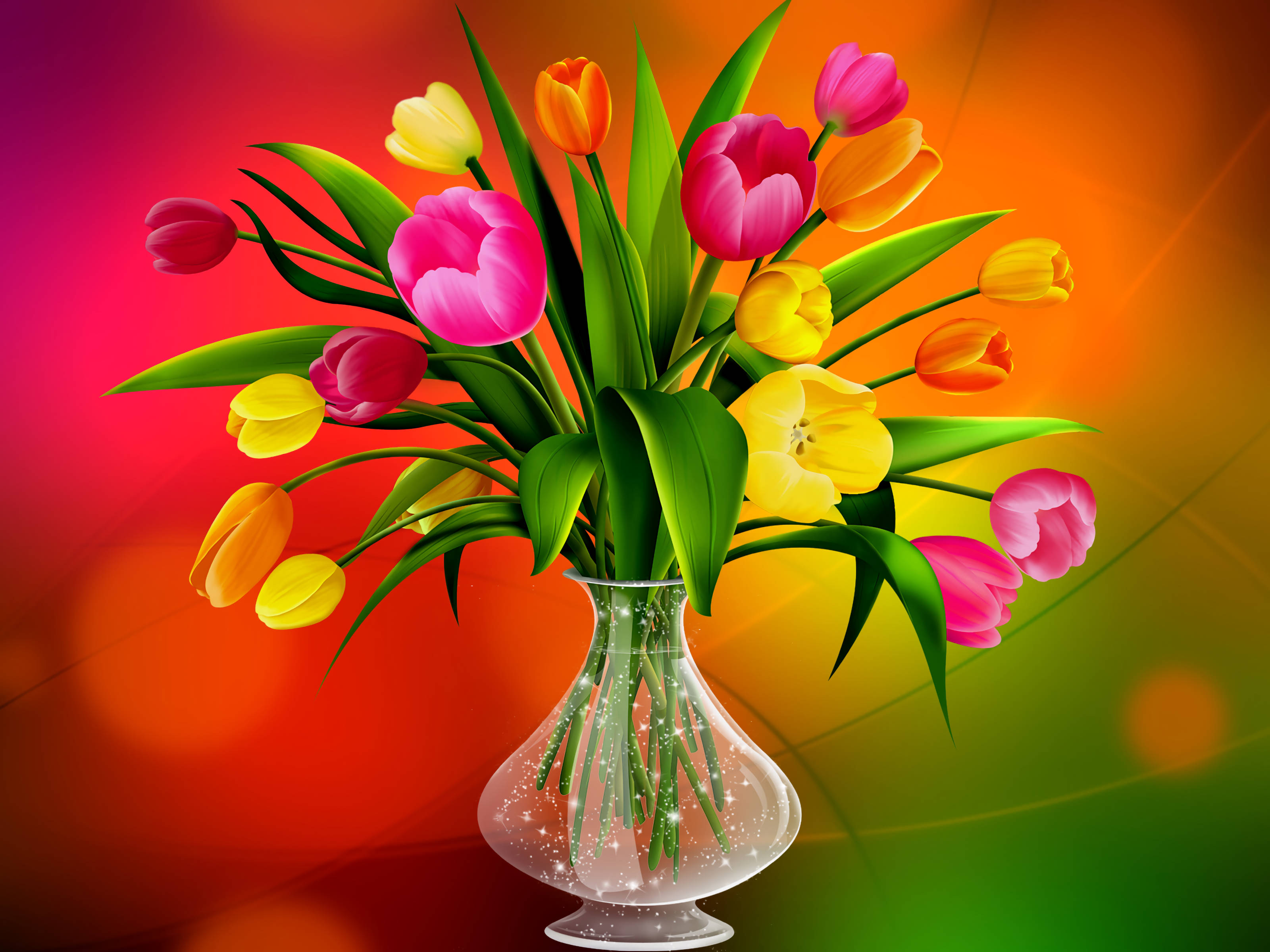Flowers 桌布 壁紙 — 一束鮮豔的粉紅、黃色和橙色鬱金香，插在透明玻璃花瓶中，襯托著光芒四射的漸變背景。