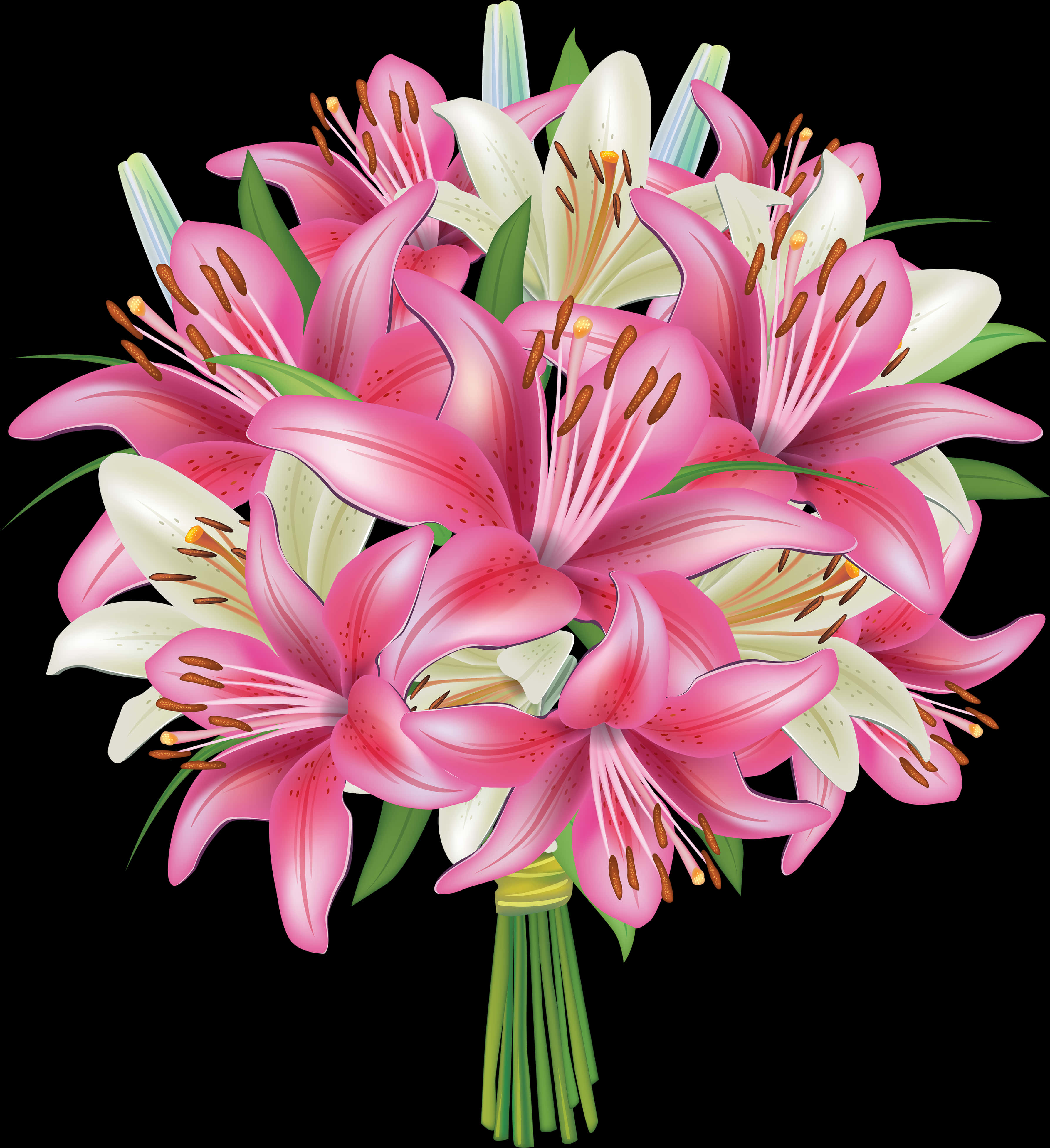 Lily Flower 桌布 壁紙 — 一束鮮豔的粉紅色和白色百合花，帶有綠色莖，在黑色背景上綁在一起。