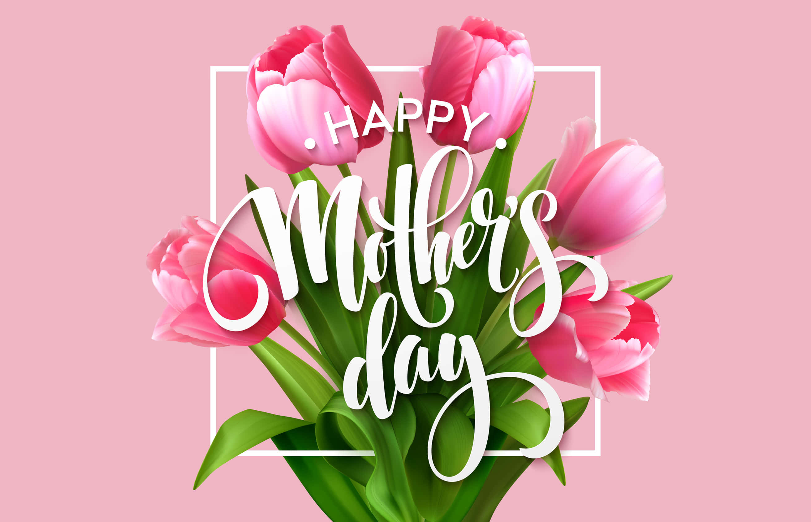 Happy Mothers Day 桌布 壁紙 — 一束鮮豔的粉紅色鬱金香，搭配綠色葉子，白色文字寫著「Happy Mother's Day」，背景為柔和的粉紅色。