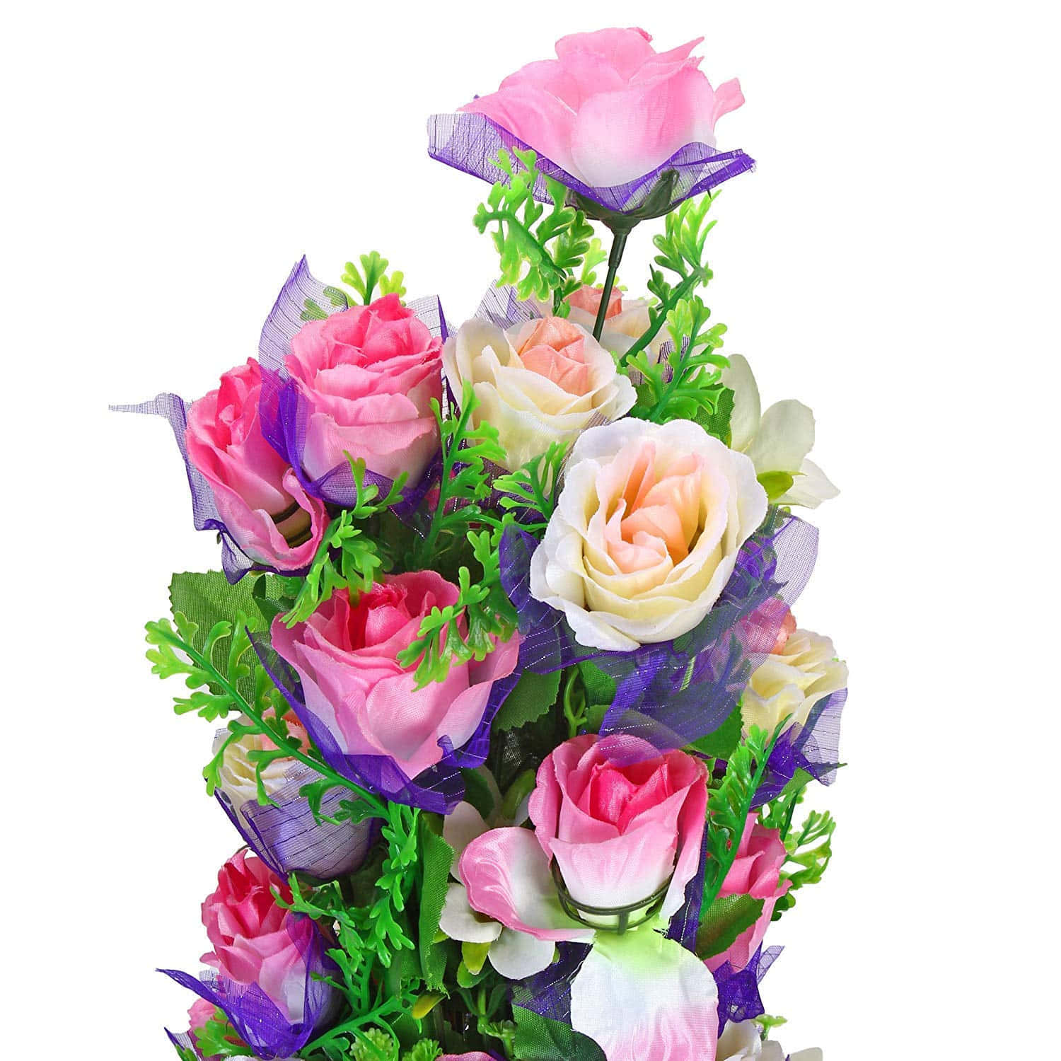 Rose Flower 桌布 壁紙 — 一束鮮豔的粉紅蜜桃色和白色玫瑰，用紫色網紗和綠葉包裹，襯托在純白背景上。