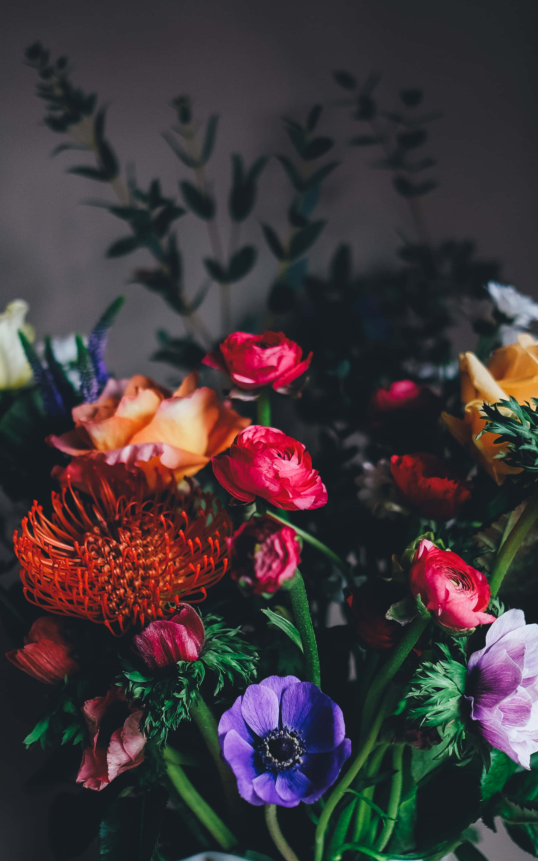 Bouquet Of Flowers 桌布 壁紙 — 一束鮮豔的紅、粉紅、橙和紫色花朵，搭配綠色葉子，襯托在深色柔和背景上。