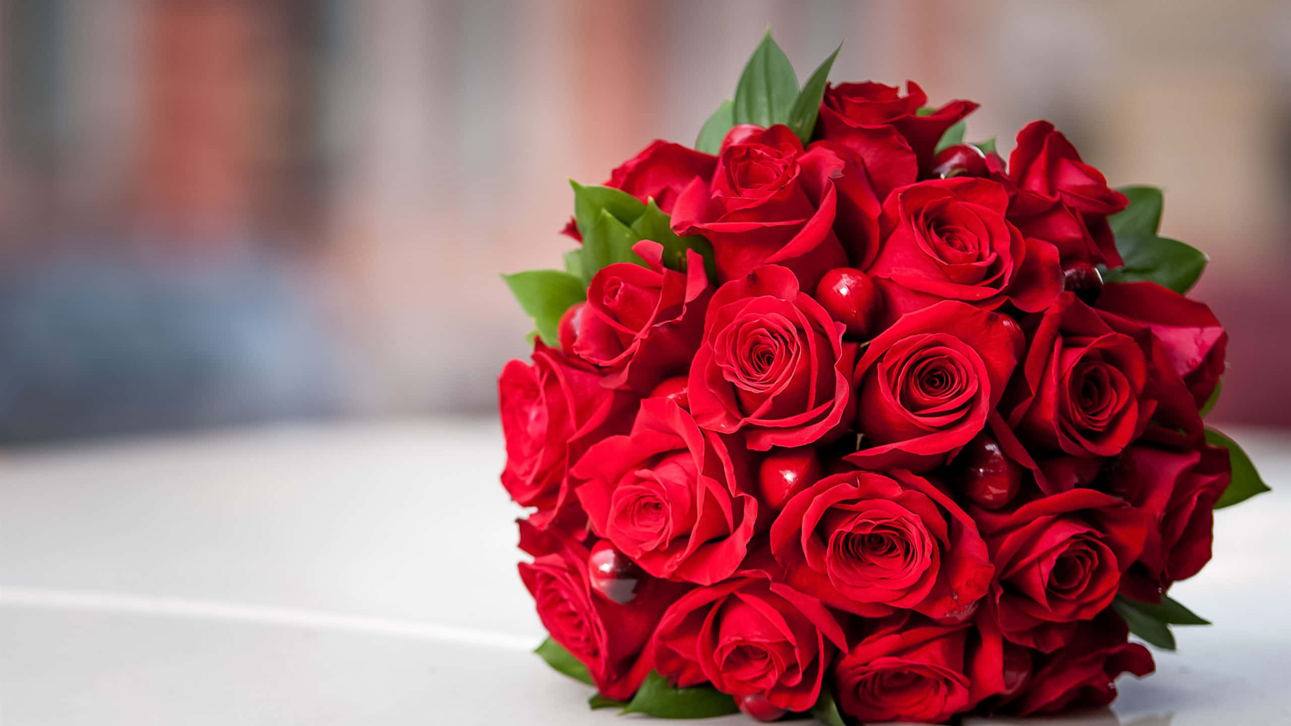 玫瑰花 桌布 壁紙 — 一束鮮豔的紅玫瑰，配上光澤的綠葉，放在白色表面上，背景柔和模糊。