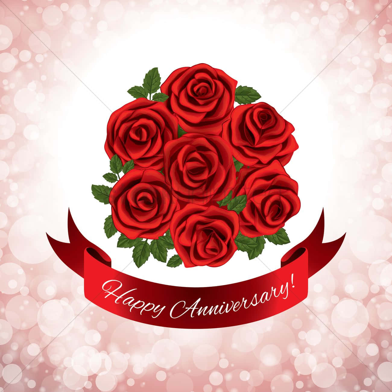 紅玫瑰 桌布 壁紙 — 一束鮮豔的紅玫瑰配綠葉，放在一條寫著「Happy Anniversary!」的紅色絲帶上，背景是柔和的粉紅色散景。