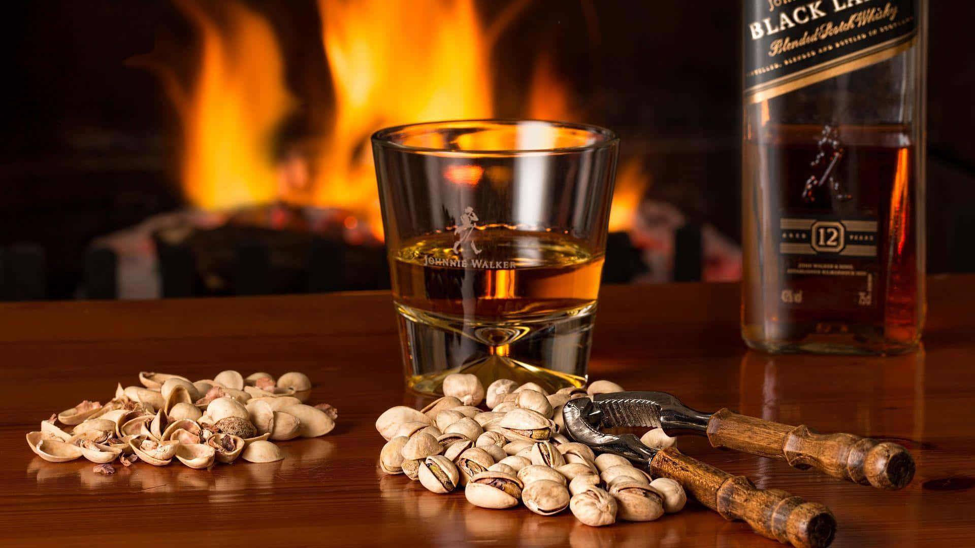 alcohol 桌布 壁紙 — 一杯Johnnie Walker Black Label威士忌和開心果放在木桌上，前面是劈啪作響的壁爐。