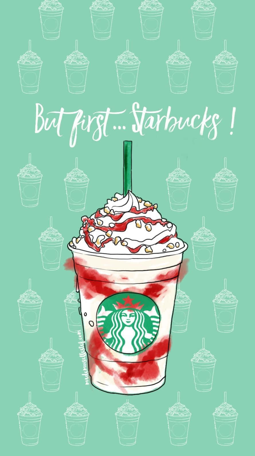 Aesthetic Starbucks 桌布 壁紙 — 一杯充滿活力的星巴克飲品，頂部有鮮奶油和紅色漩渦，在薄荷綠色背景上印有杯子輪廓圖案，成為焦點。