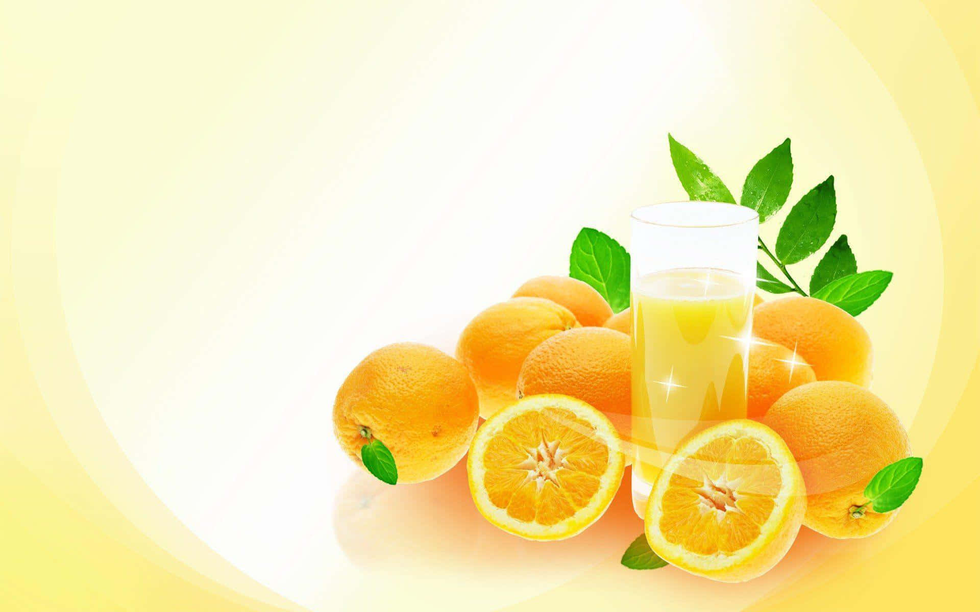 Orange Fruit 桌布 壁紙 — 一杯充滿活力的柳橙汁，周圍環繞著完整和切片的柳橙，搭配新鮮綠葉，背景為柔和的黃色漸層。