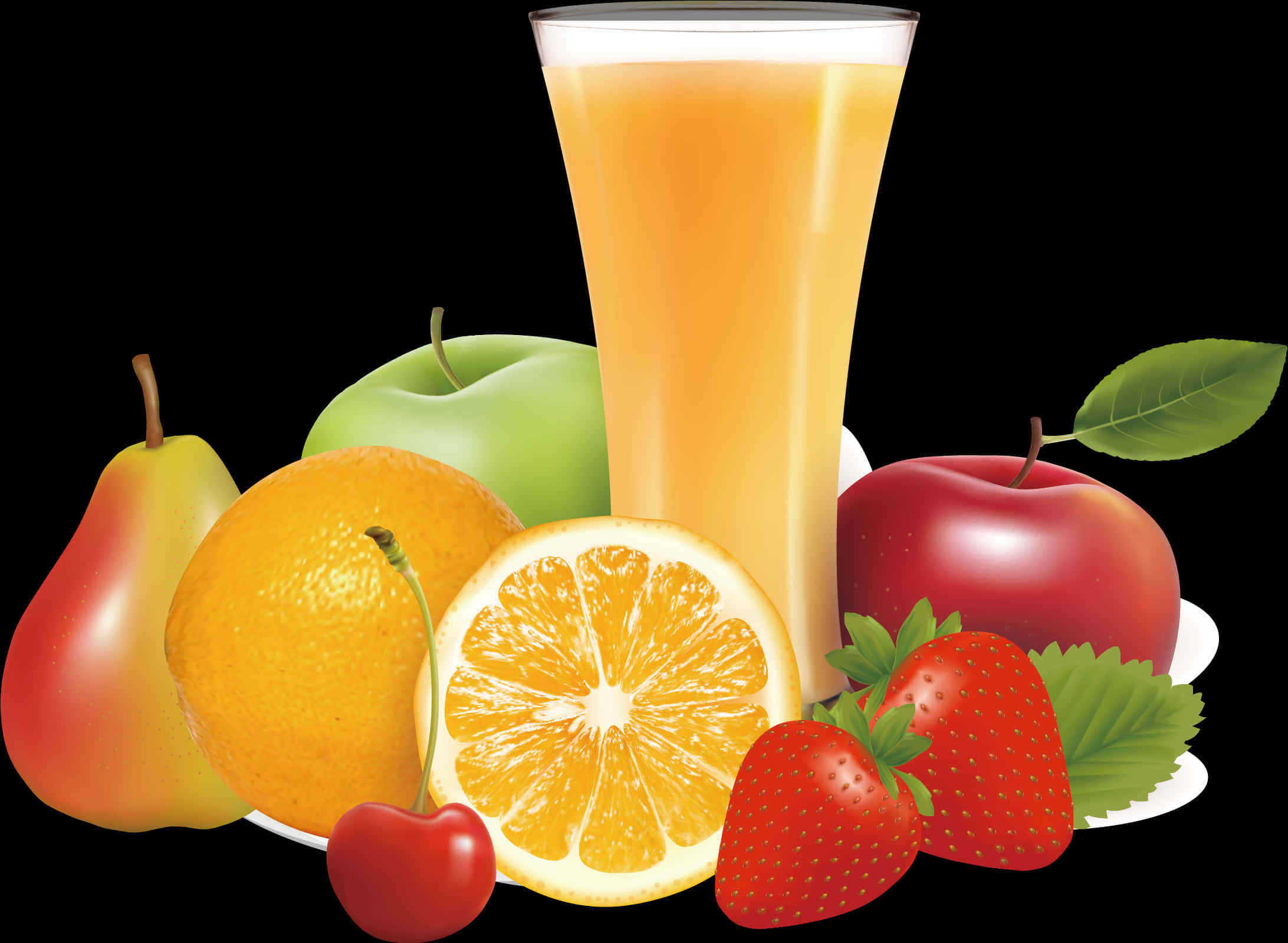 Fruit 桌布 壁紙 — 一杯充滿活力的柳橙汁，周圍環繞著新鮮水果，包括蘋果、梨、草莓和櫻桃，放在白色盤子上。