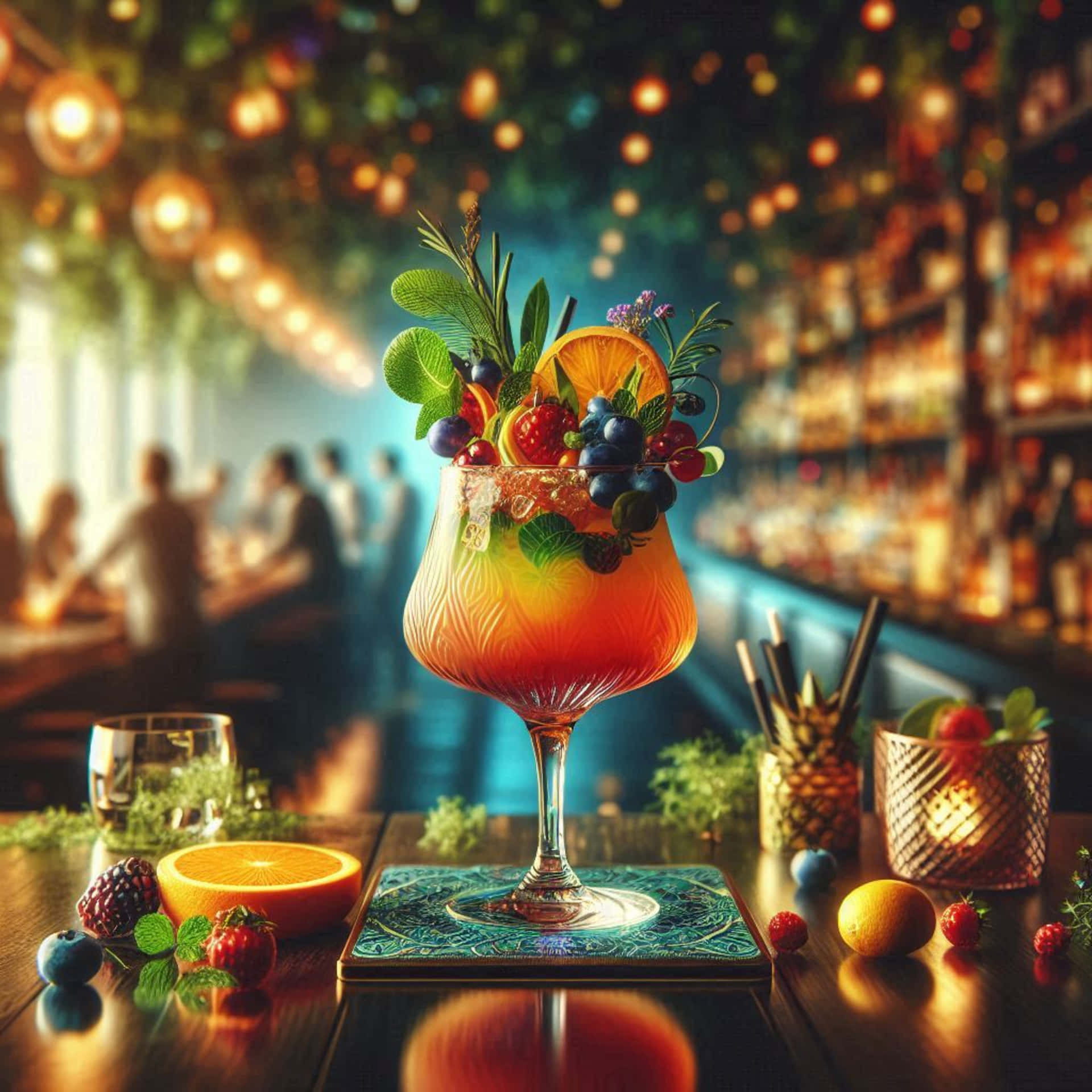 cocktail in the bar 壁紙 — 一杯充滿活力的橙色雞尾酒，盛在帶莖的玻璃杯中，飾以柑橘類漿果、香草和一片橙子，放在吧檯上，背景有溫暖的散景燈光和模糊的顧客。