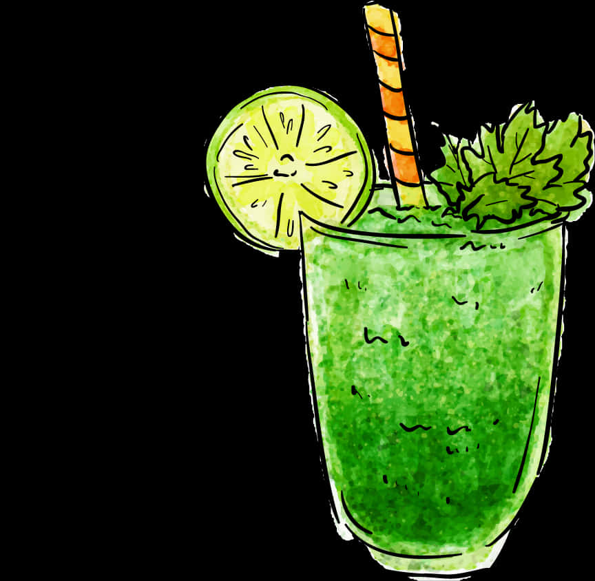 Smoothies 桌布 壁紙 — 一杯充滿活力的綠色冰沙，飾以萊姆、薄荷和條紋吸管，置於黑色背景前。