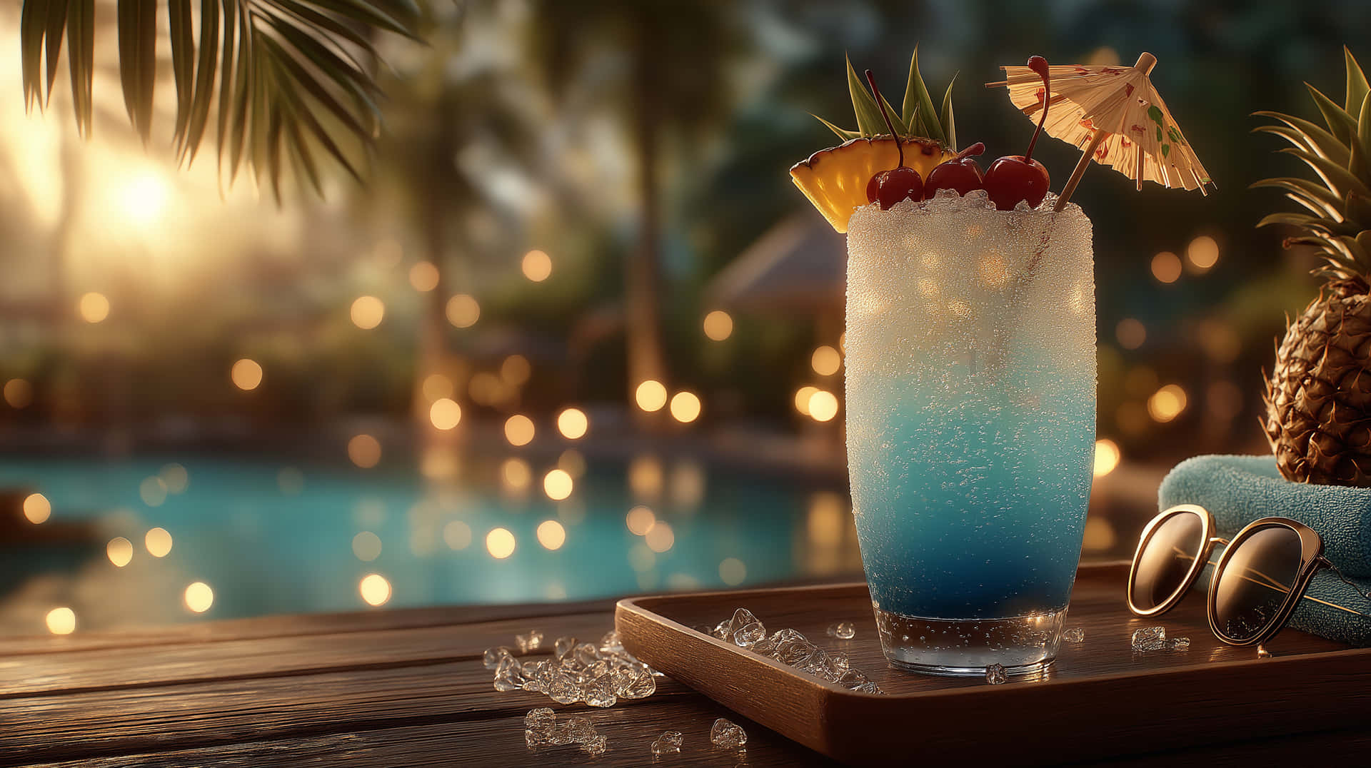 Tropical Cocktail at Sunset by the Pool 壁紙 — 一杯充滿活力的藍色熱帶雞尾酒，配上鳳梨櫻桃傘和鹽邊，放在木托盤上，旁邊有太陽眼鏡和鳳梨，在日落時分的發光泳池邊。