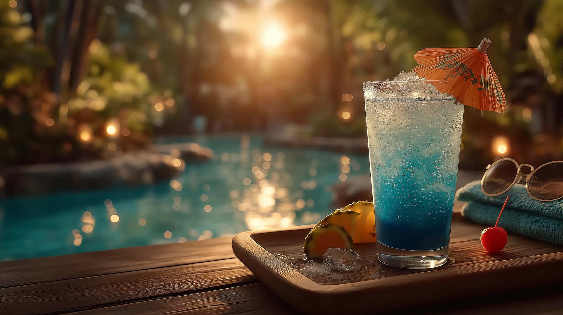 Sunny Day Cocktail by a Tropical Pool 壁紙 — 一杯充滿活力的藍色熱帶飲品，配上橙色傘和鳳梨片，放在金色日落時分的泳池旁木托盤上。