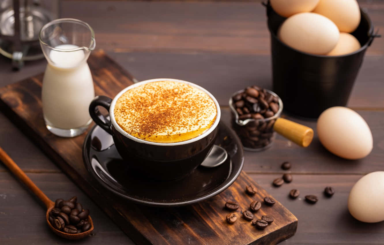 Milk And Coffee 桌布 壁紙 — 一杯冒煙的卡布奇諾，上面撒有肉桂，放在木板上，周圍有咖啡豆、雞蛋和牛奶。