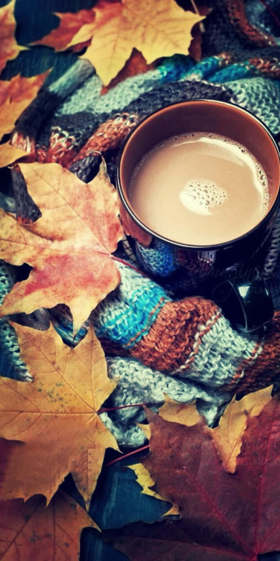 Pixel 3 Autumn 桌布 壁紙 — 一杯冒煙的咖啡放在色彩繽紛的針織圍巾上，周圍環繞著充滿活力的秋季楓葉。