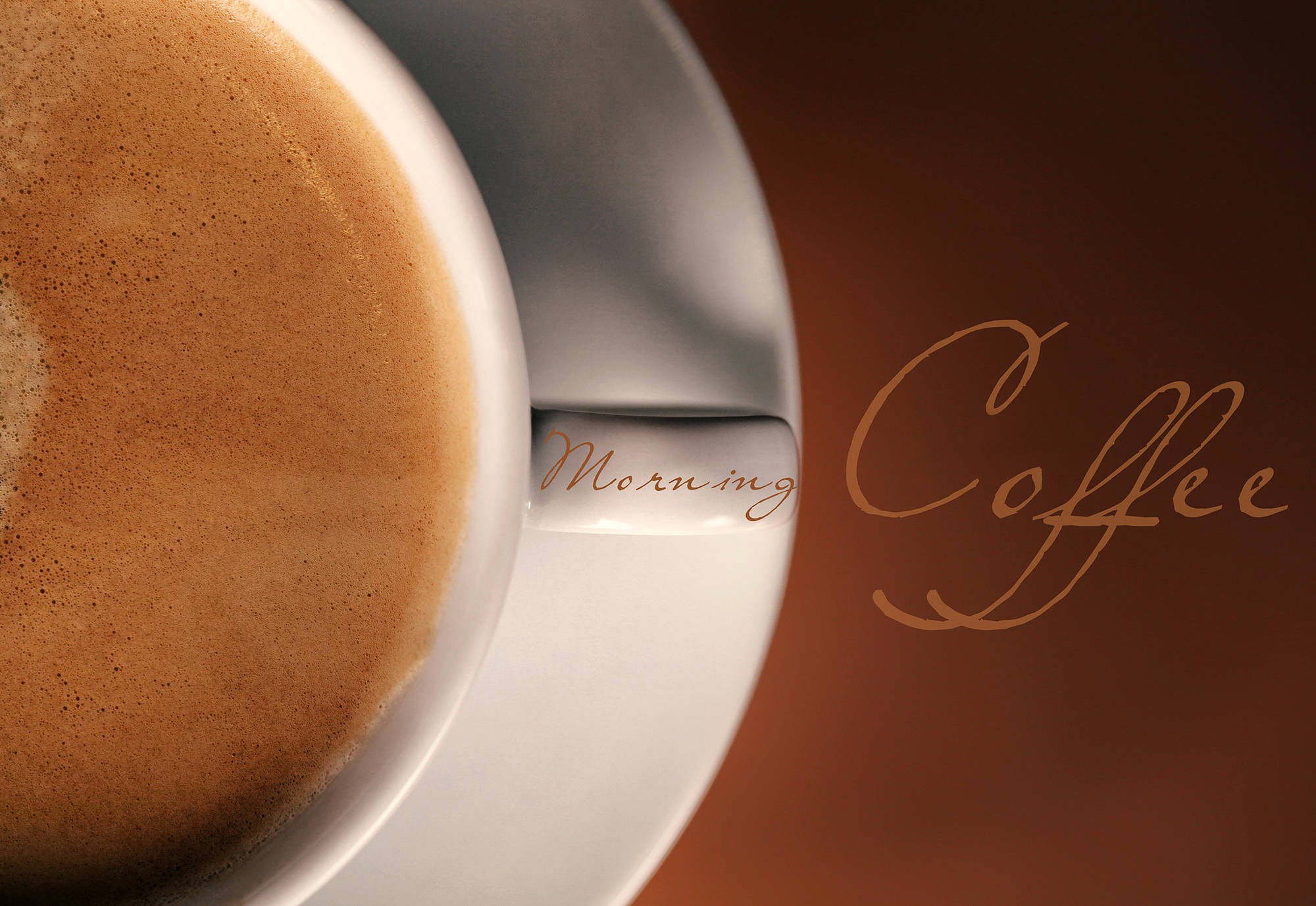 Morning 桌布 壁紙 — 一杯冒煙的咖啡特寫，旁邊寫有「Morning Coffee」，背景為溫暖的棕色。