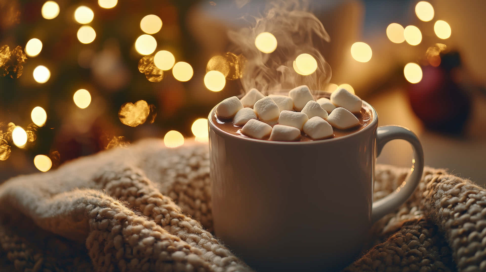 Warm Cup of Hot Chocolate with Marshmallows at Christmas 壁紙 — 一杯冒煙的熱巧克力，上面放著迷你棉花糖，放在一張舒適的針織毯上，背景是溫暖的散景燈光。