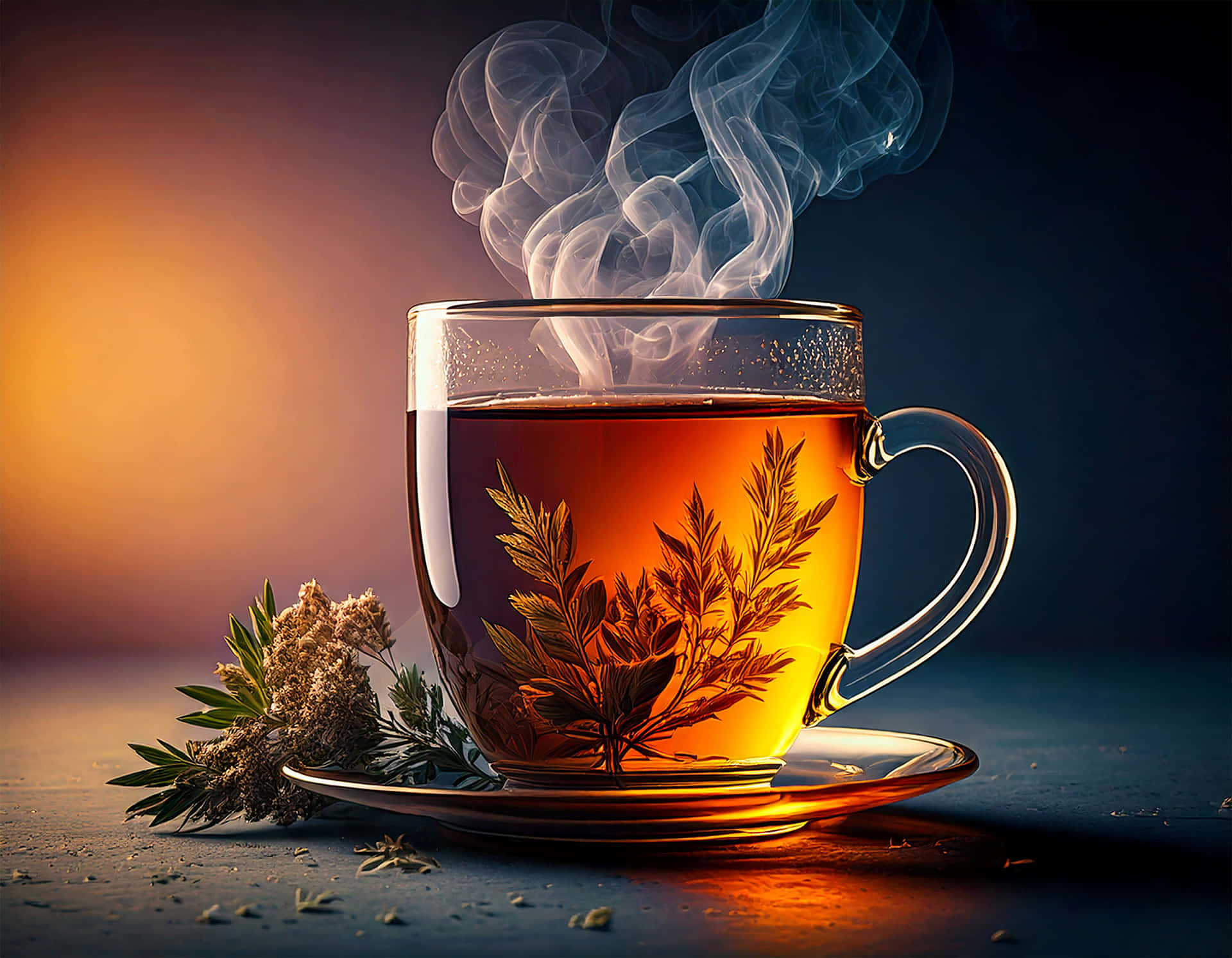 Herbal tea 壁紙 — 一杯冒煙的琥珀色茶，內有植物葉片，在漸變日落背景下溫暖地發光。