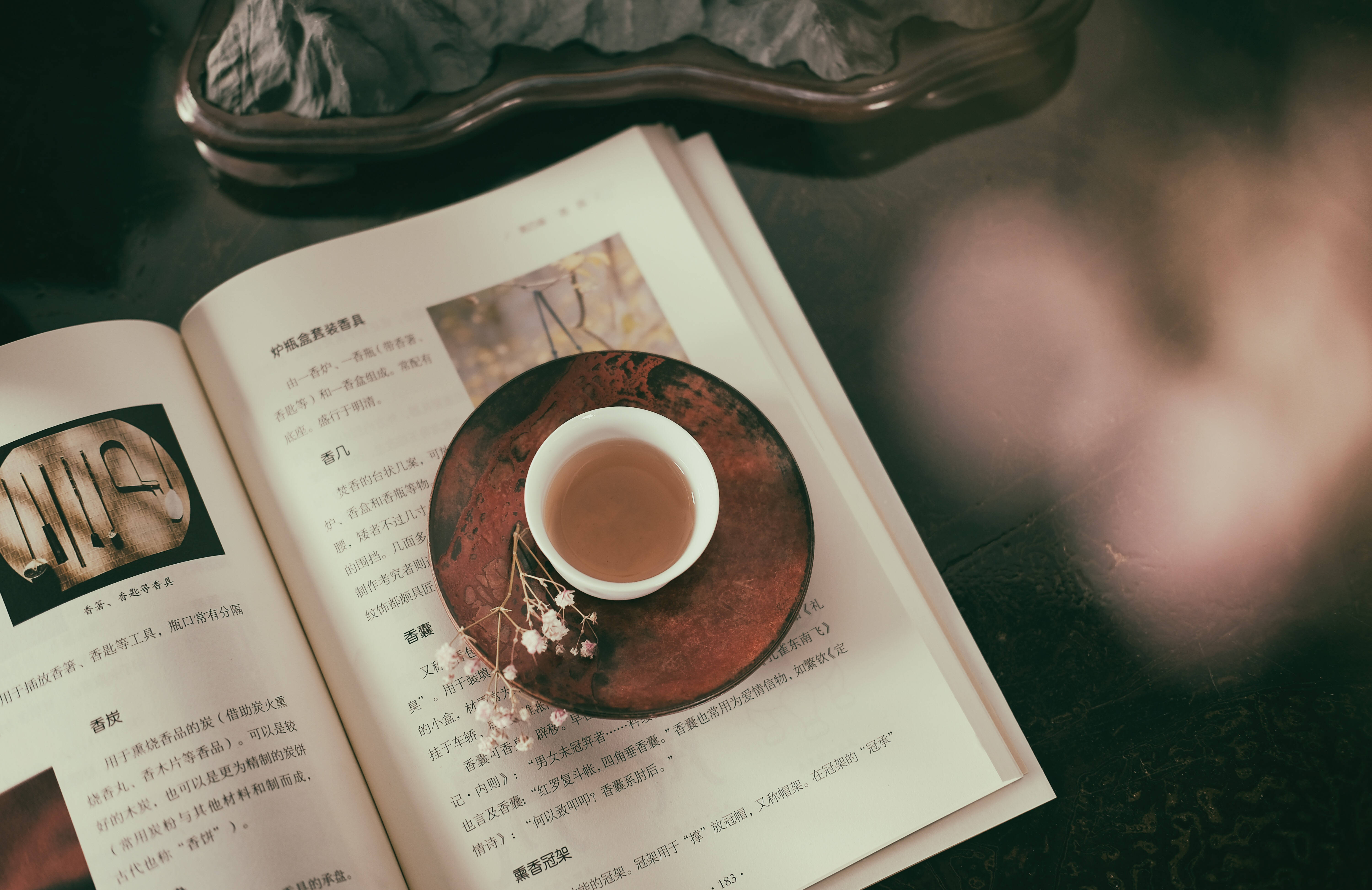 中式房屋壁紙 桌布 壁紙 — 一杯冒煙的茶放在木製茶托上，擱在一本打開的書上，周圍是柔和自然光線和模糊的樹葉。
