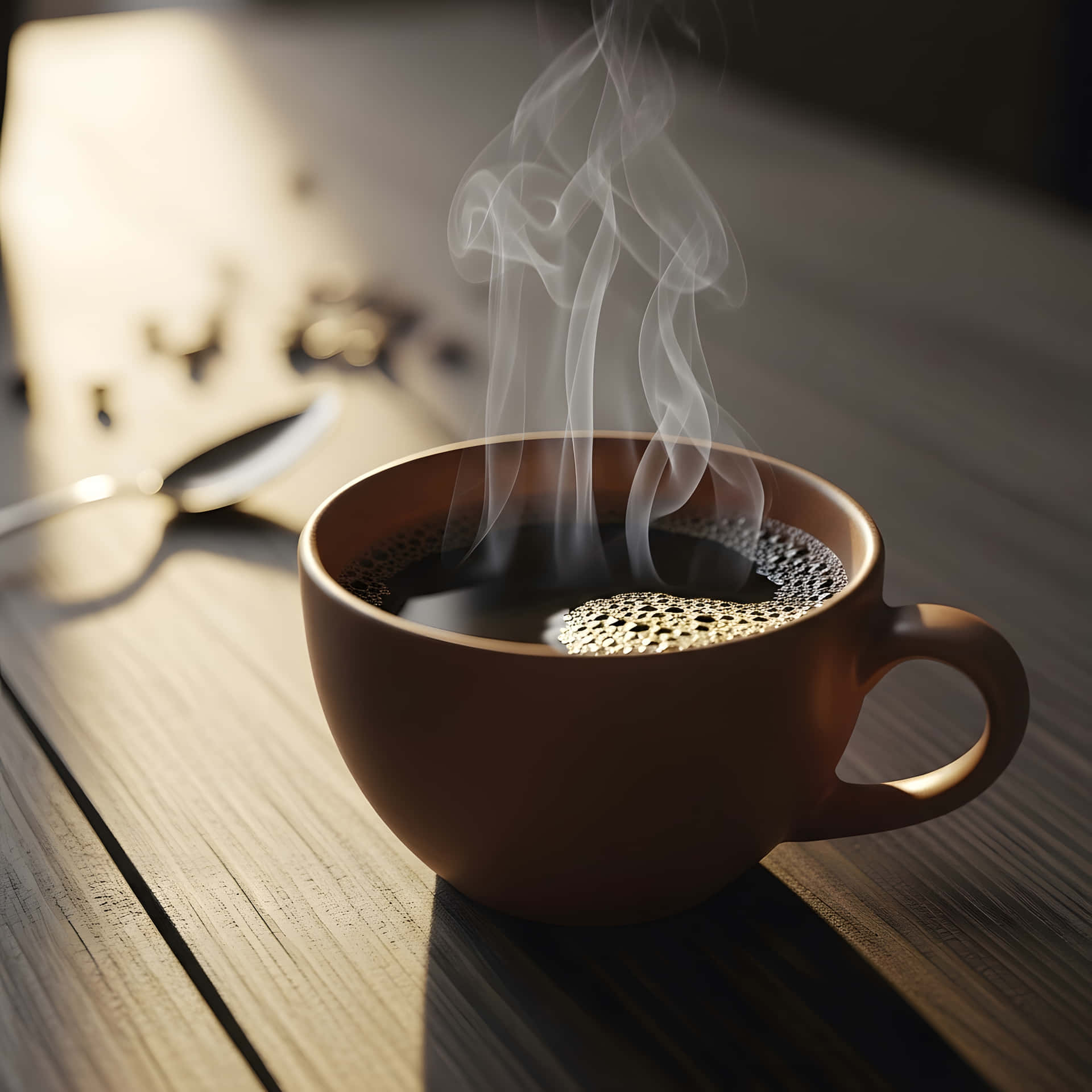 Coffee cup steaming 壁紙 — 一杯冒煙的黑咖啡放在陶土杯中，置於沐浴在溫暖陽光下的木桌上，旁邊有一隻湯匙。