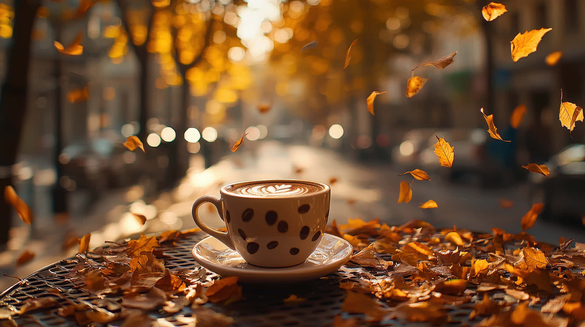 Cozy Autumn Coffee Cup with Latte Art and Falling Golden Leaves 壁紙 — 一杯冒著熱氣的咖啡，帶有拉花藝術，放在金屬桌上，桌上鋪滿了在溫暖陽光下飄落的金色秋葉。