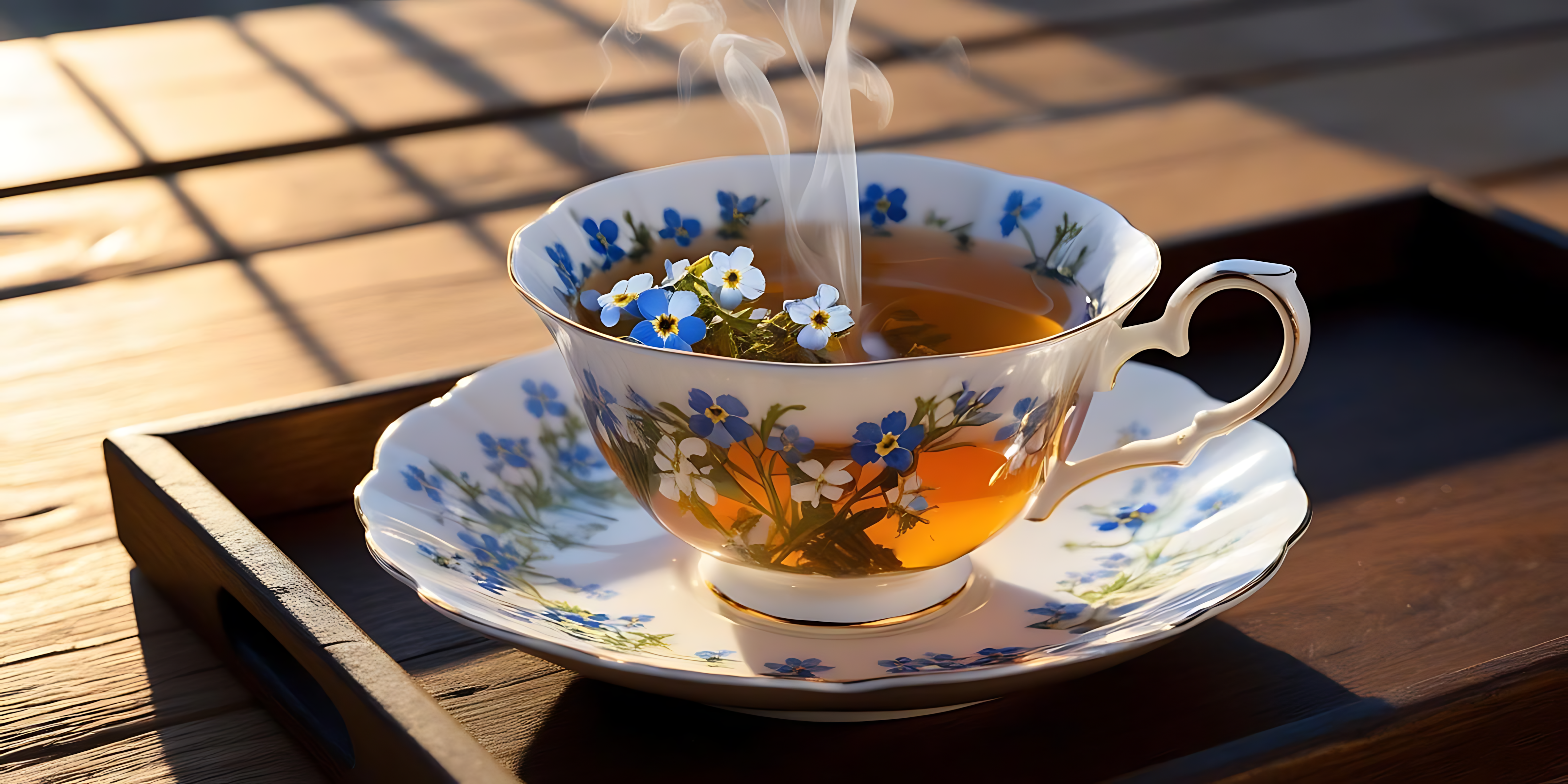 cup 桌布 壁紙 — 一杯冒著熱氣的草本茶，漂浮著藍色和白色的勿忘我，放在沐浴在溫暖陽光下的木托盤上。