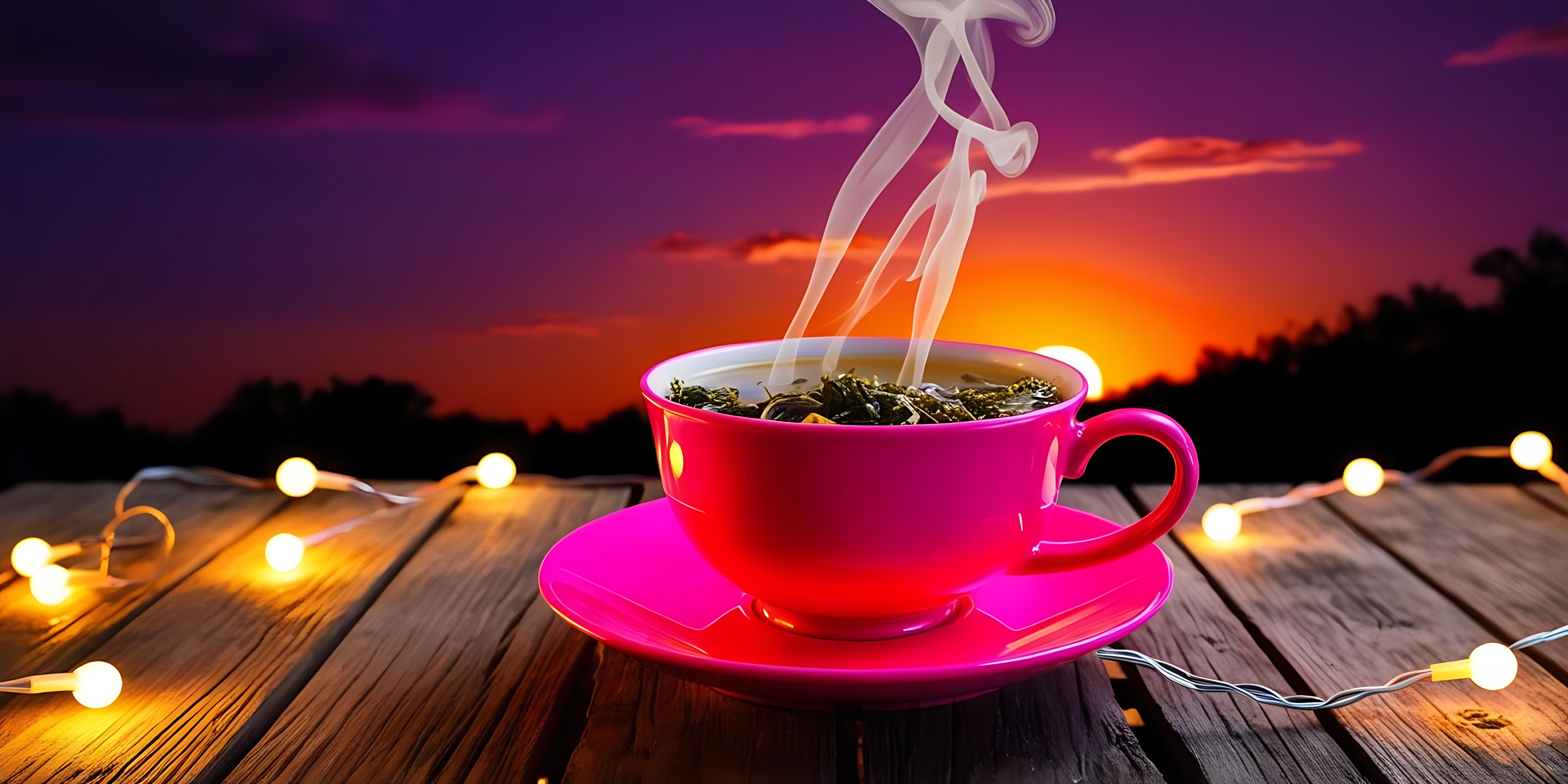 steam 桌布 壁紙 — 一杯冒著蒸氣的粉紅色茶杯放在木桌上，燈串在暮色天空中閃爍。