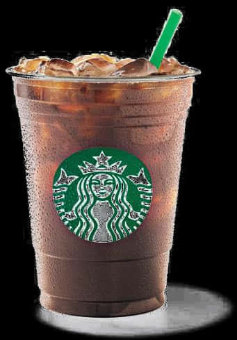 Starbucks Coffee 桌布 壁紙 — 一杯冰涼的星巴克冰咖啡，配上鮮奶油和綠色吸管，背景為黑色。