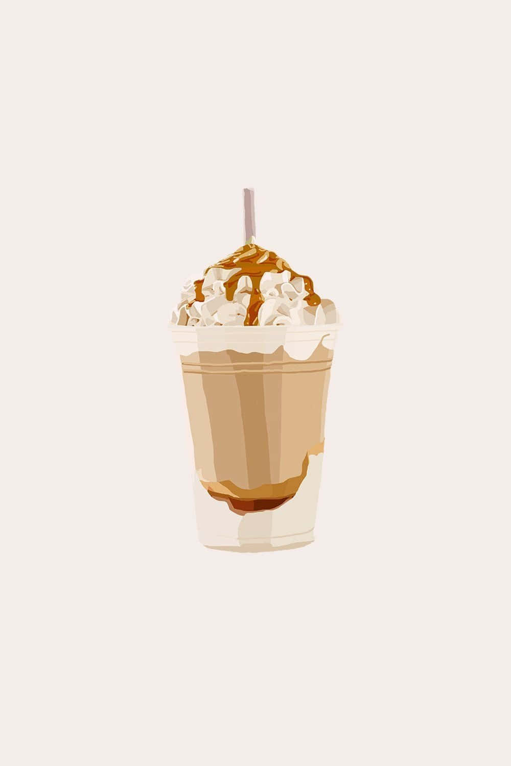 Brown Caramel 桌布 壁紙 — 一杯奶油冰咖啡飲品，上面有鮮奶油和焦糖醬，裝在透明塑膠杯中，附有吸管。
